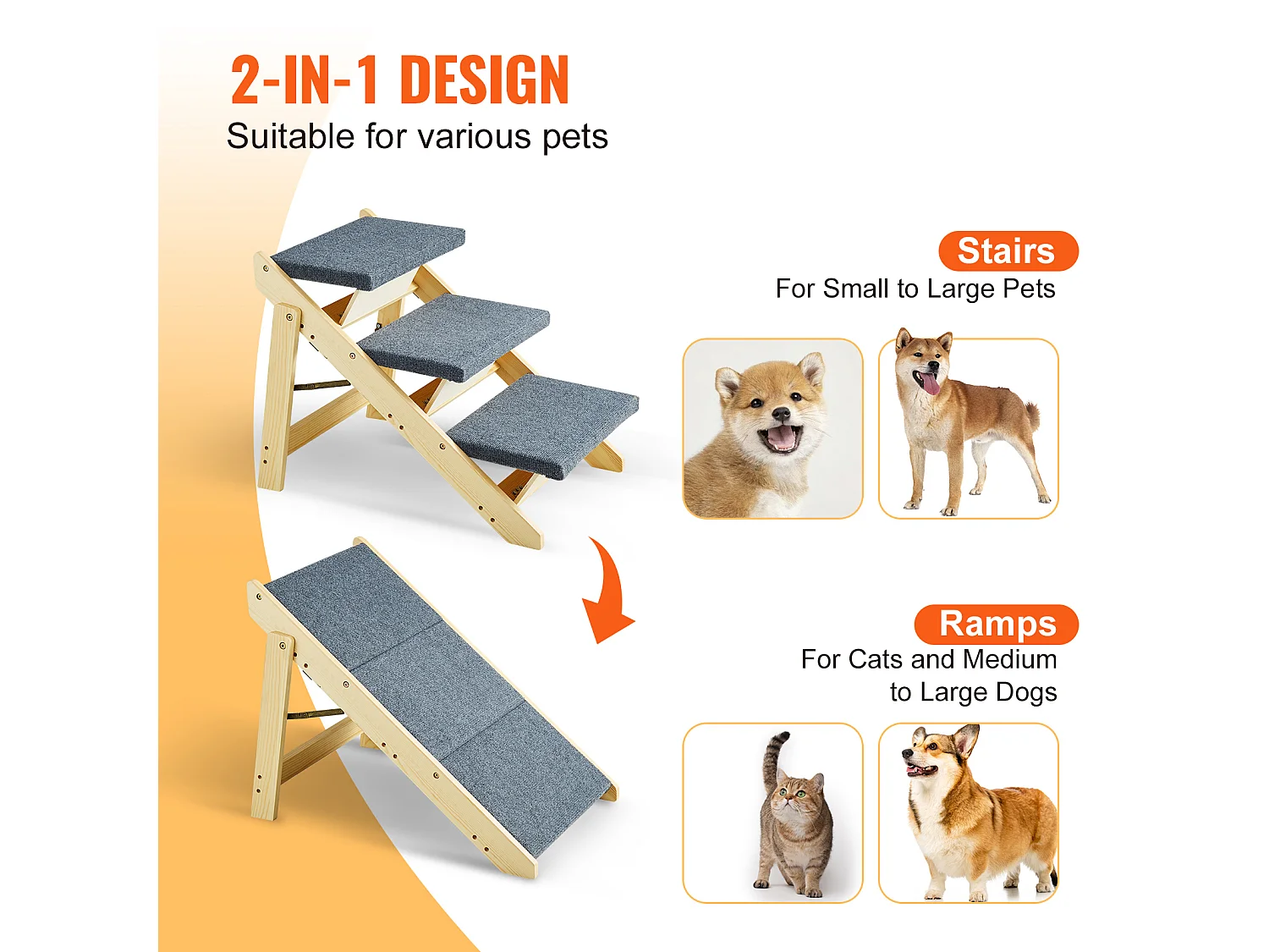 Escaliers pour Chiens, SucceBuy Escalier en Bois pour Animaux de Compagnie 3 Marches 2 en 1 Pliable Capacité de 68 kg