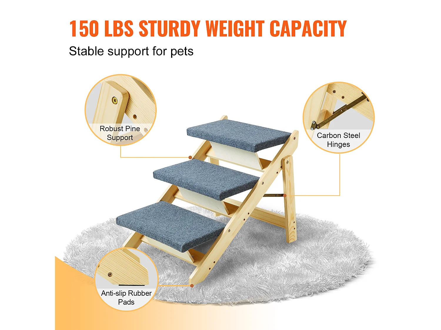 Escaliers pour Chiens, SucceBuy Escalier en Bois pour Animaux de Compagnie 3 Marches 2 en 1 Pliable Capacité de 68 kg