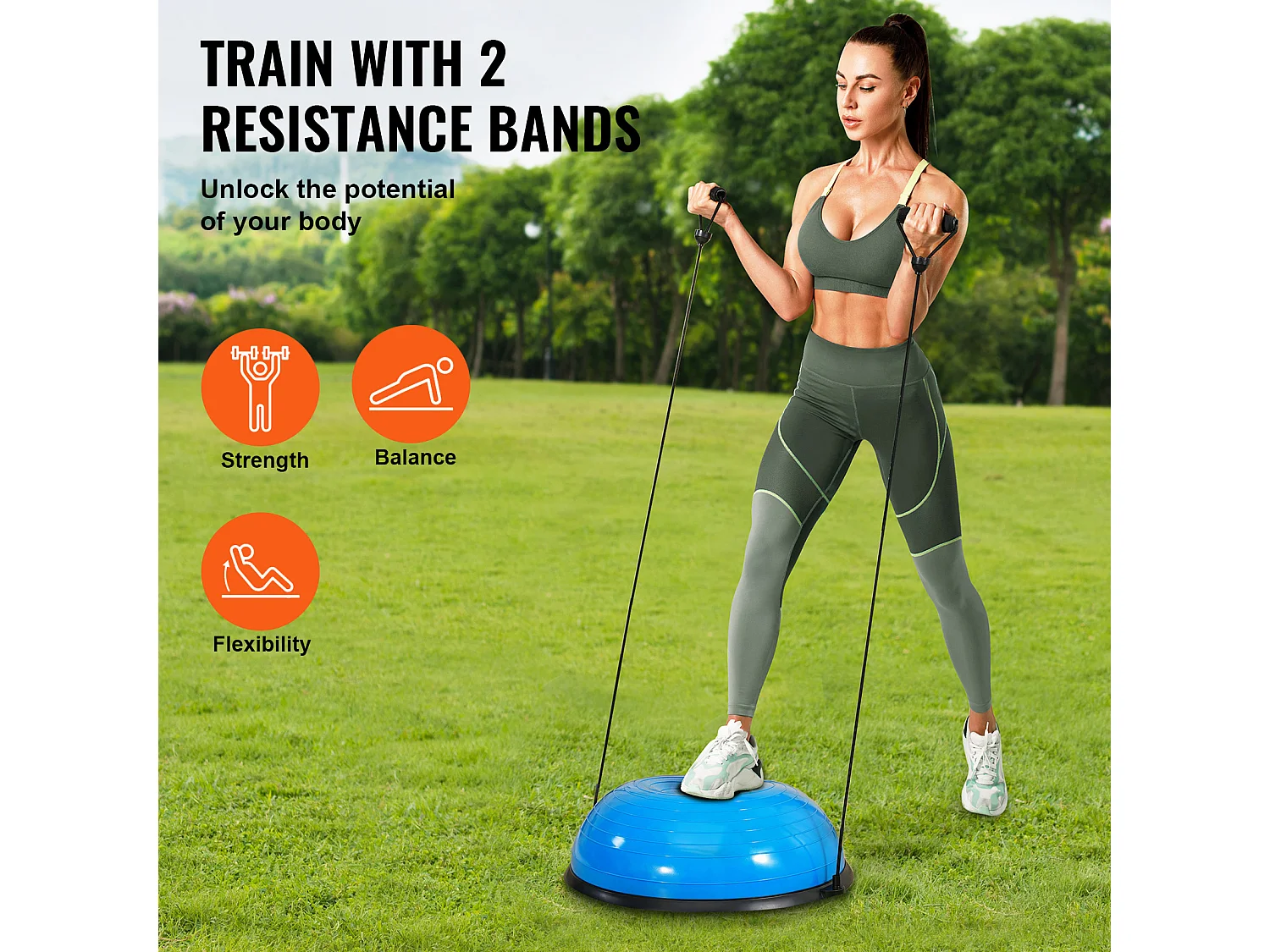 Demi-Ballon SucceBuy d'Exercice 58.42cm pour Entraînement, Ballon de Stabilité pour le Yoga et l'Équilibre, Bandes de Résistance