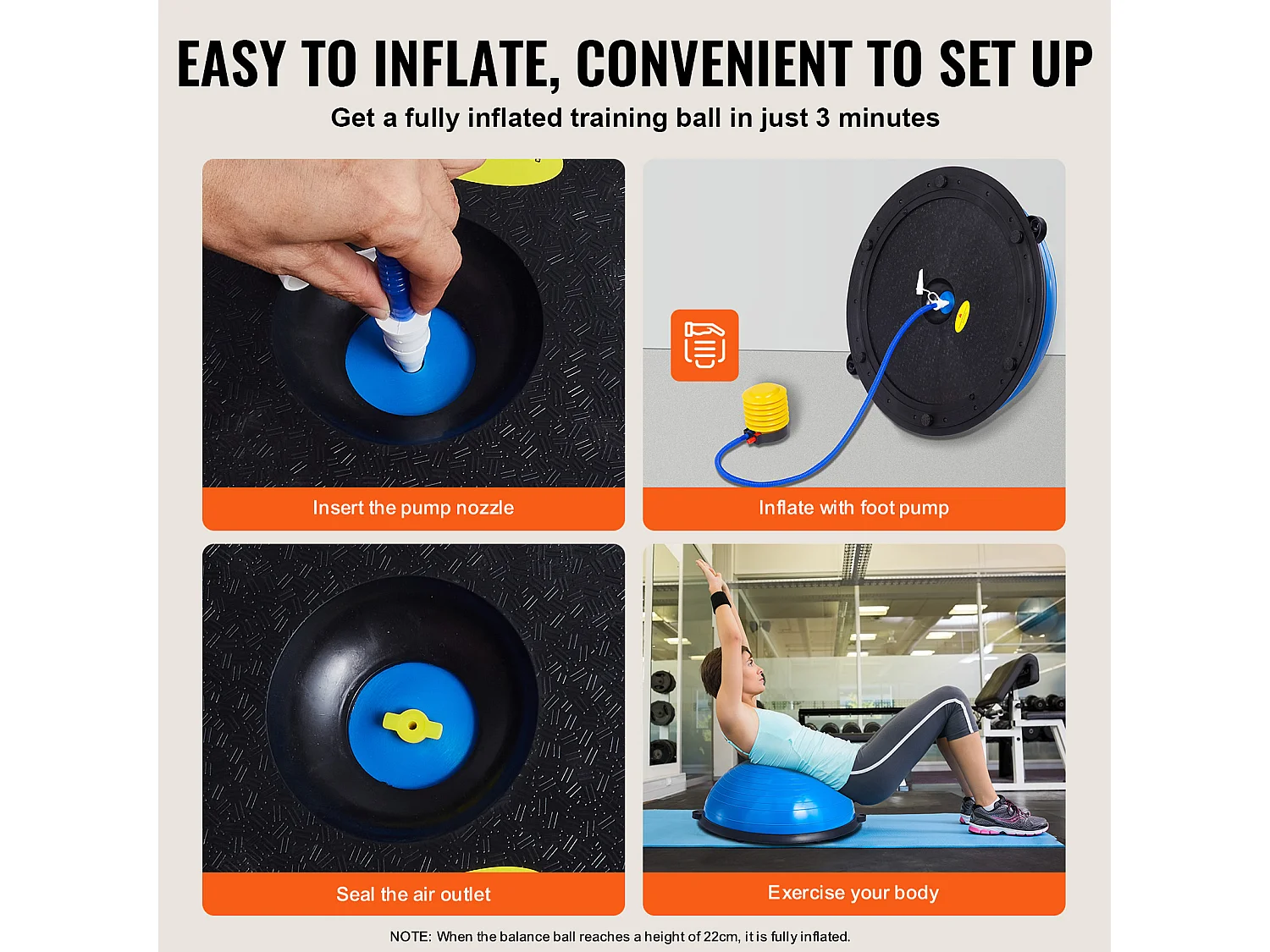 Demi-Ballon SucceBuy d'Exercice 58.42cm pour Entraînement, Ballon de Stabilité pour le Yoga et l'Équilibre, Bandes de Résistance