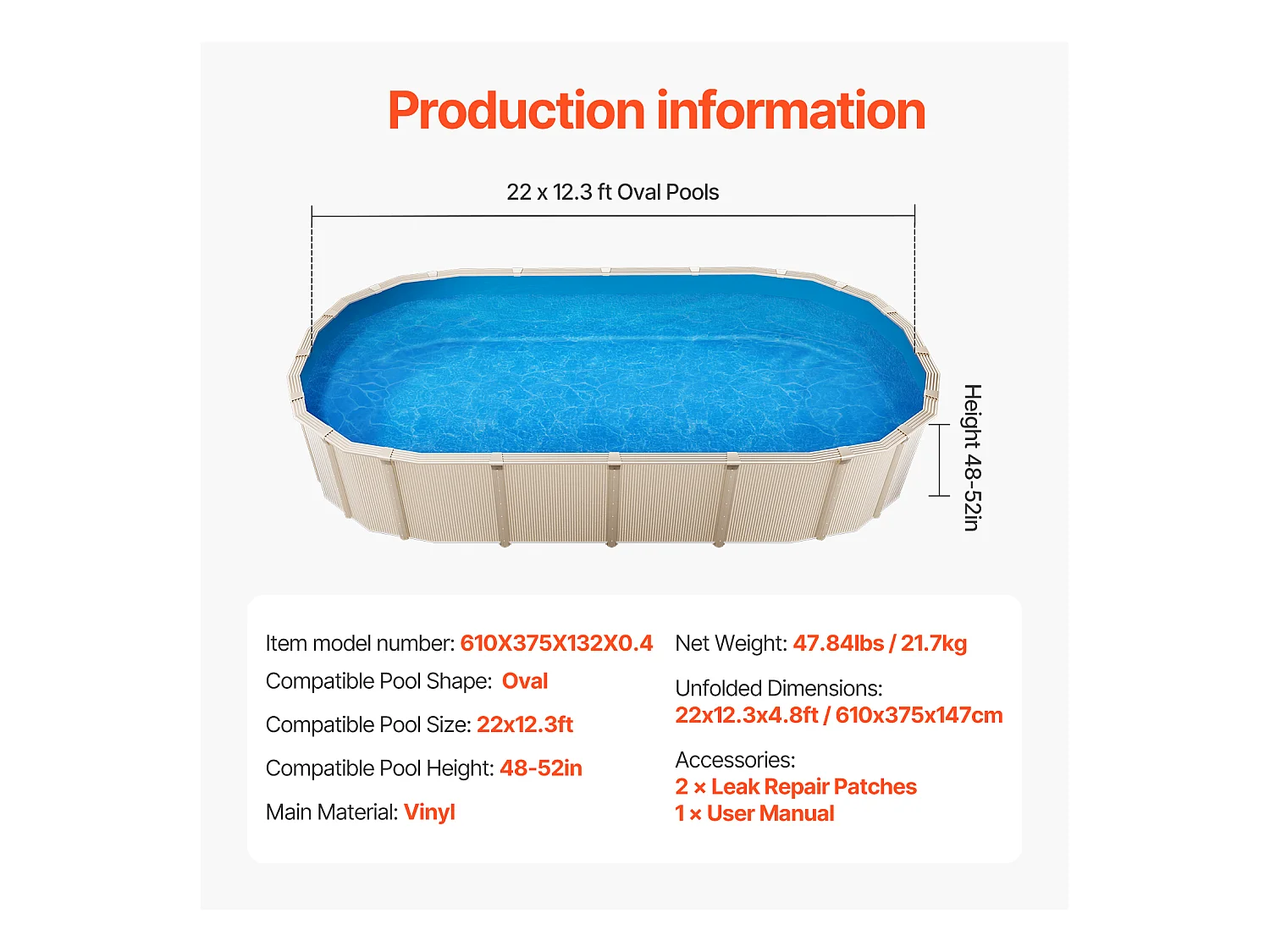 Revêtement de Piscine SucceBuy Ovale, Doublure Chevauchement, 610x375 cm, Couleur Unie