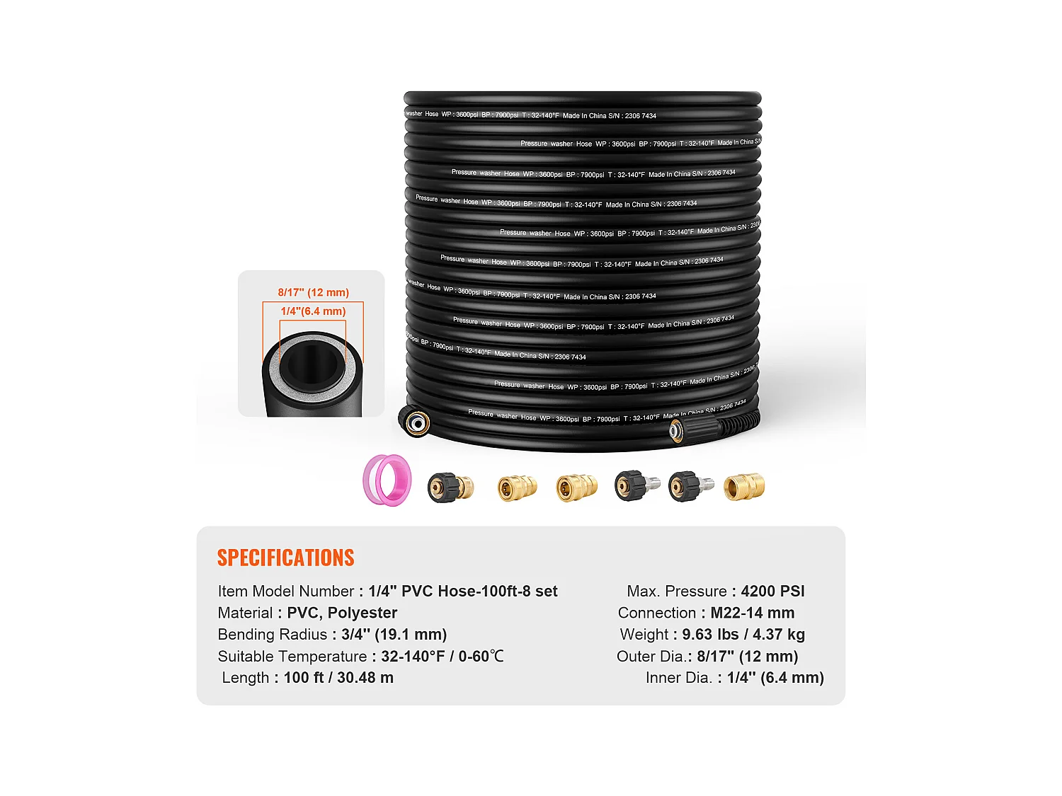 Tubo di Lavatrice SucceBuy Alta Pressione 254CM, Connessione 6.4mm, 4200 PSI