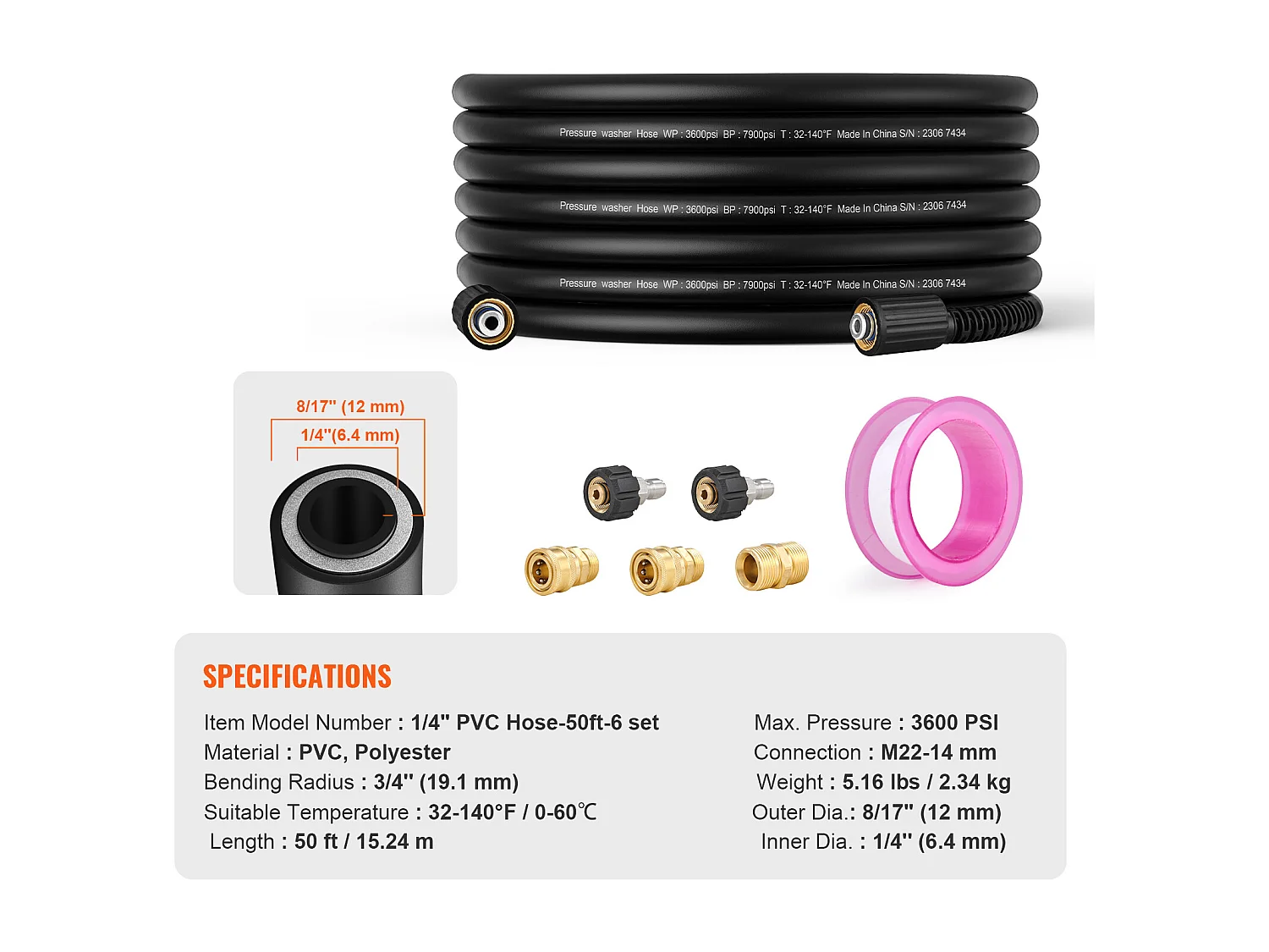 Reinigungsschlauch SucceBuy Hochdruck 127CM 3600 PSI, Verbindung 6.4mm