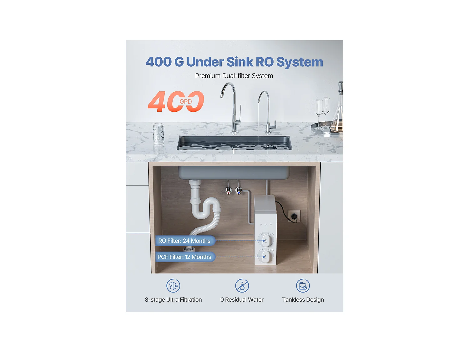 Filtre à Eau SucceBuy Sous Évier à Osmose Inverse Sans Réservoir 400 GPD à 8 Étapes