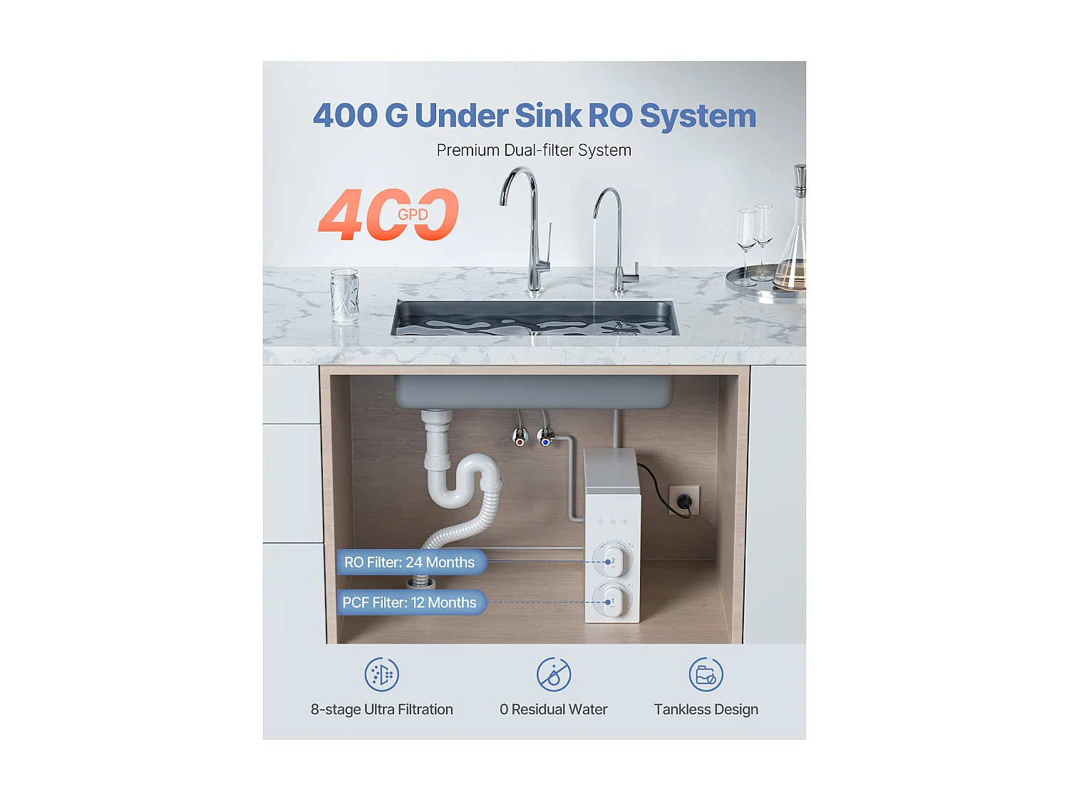 Filtre à Eau SucceBuy Sous Évier à Osmose Inverse Sans Réservoir 400 GPD à 8 Étapes