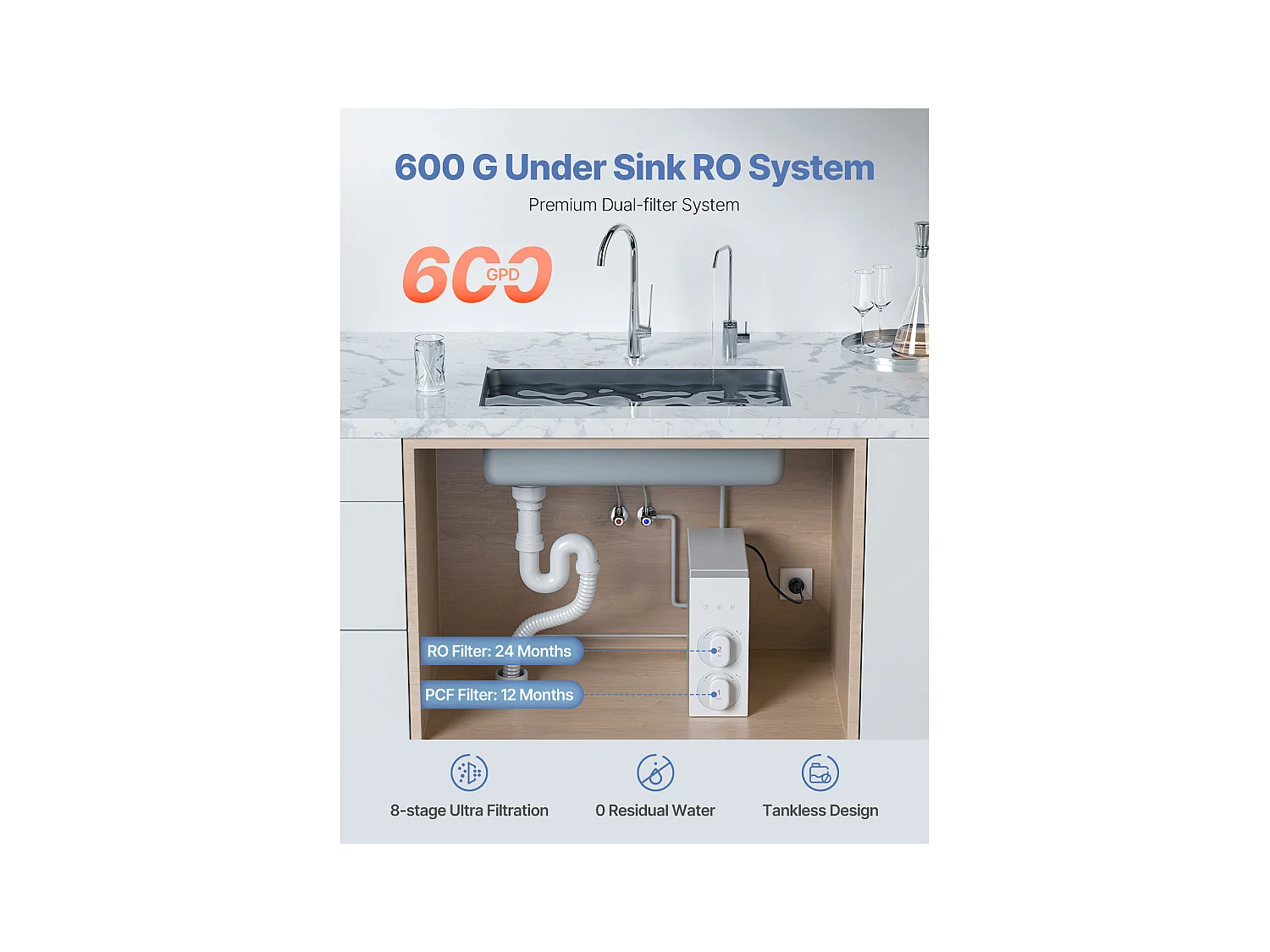 Filtre à Eau SucceBuy Sous Évier à Osmose Inverse Sans Réservoir 600 GPD à 8 Étapes