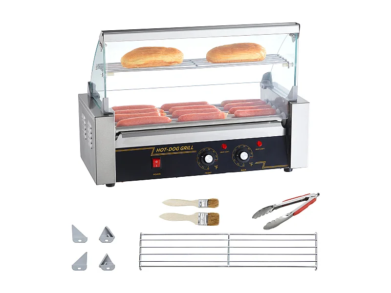Griglia a Rulli SucceBuy Elettrica a 12 Rulli per Hot Dog Schienale e Scaffale a 5 Rulli 1000 W Acciaio Inossidabile