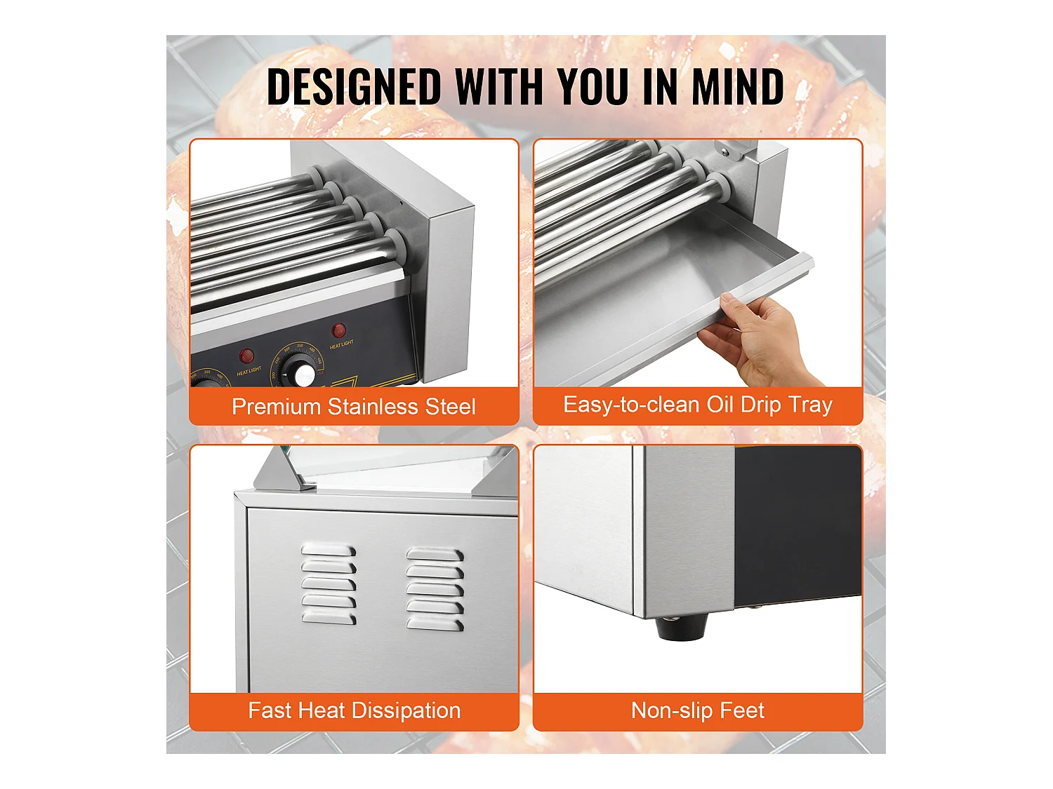 Elektryczny Grill Rolkowy SucceBuy z 12 Rolkami do Hot Dogów Oparcie i Półka na 5 Rolek 1000 W Stal Nierdzewna