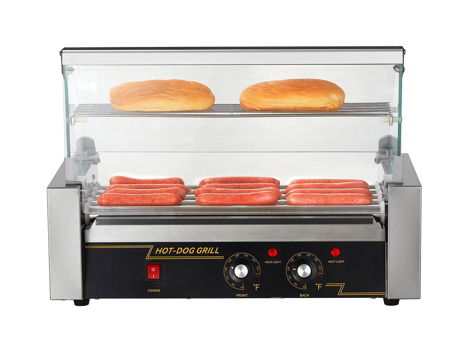 Elektryczny Grill Rolkowy SucceBuy z 12 Rolkami do Hot Dogów Oparcie i Półka na 5 Rolek 1000 W Stal Nierdzewna