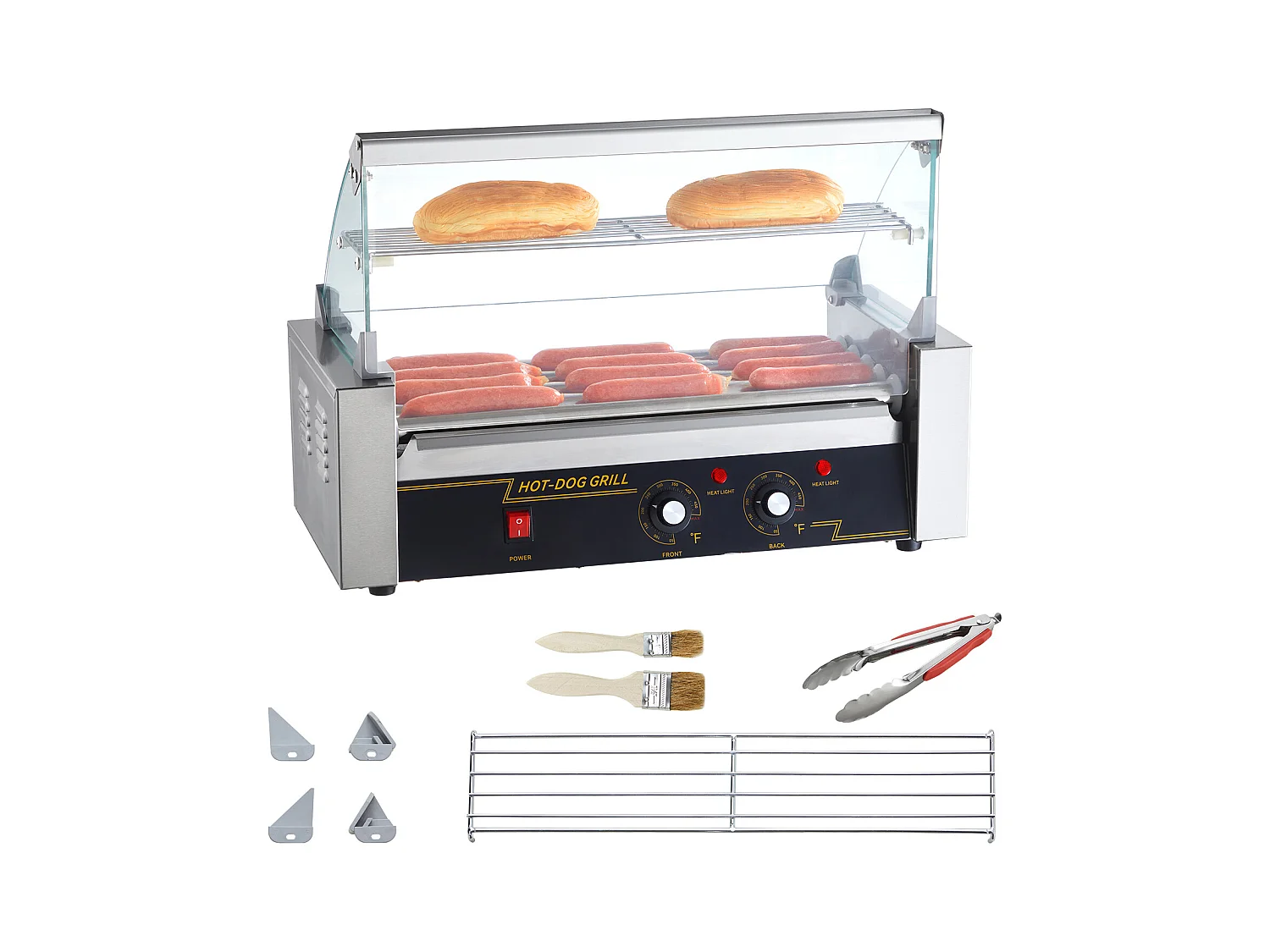 Grill à Rouleaux SucceBuy Électrique à 12 Rouleaux pour Hot-Dogs Dosseret et Étagère à 5 Rouleaux 1000 W Acier Inoxydable