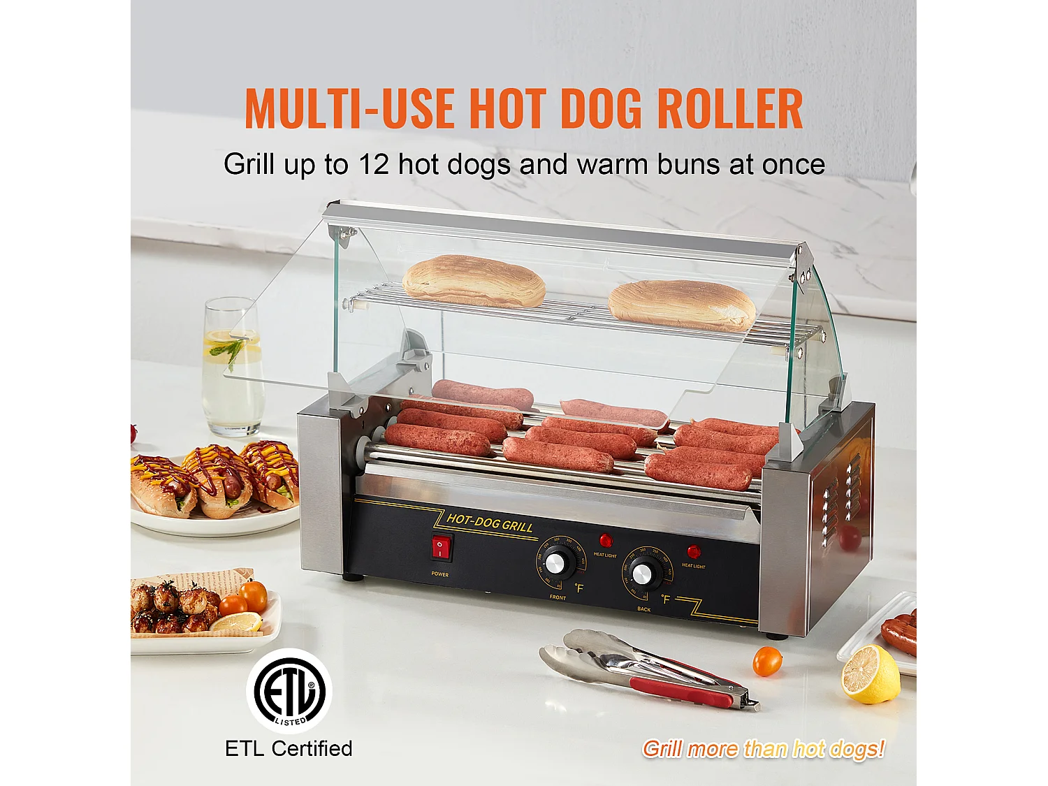 Griglia a Rulli SucceBuy Elettrica a 12 Rulli per Hot Dog Schienale e Scaffale a 5 Rulli 1000 W Acciaio Inossidabile