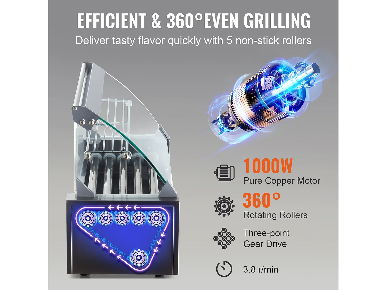 Griglia a Rulli SucceBuy Elettrica a 12 Rulli per Hot Dog Schienale e Scaffale a 5 Rulli 1000 W Acciaio Inossidabile