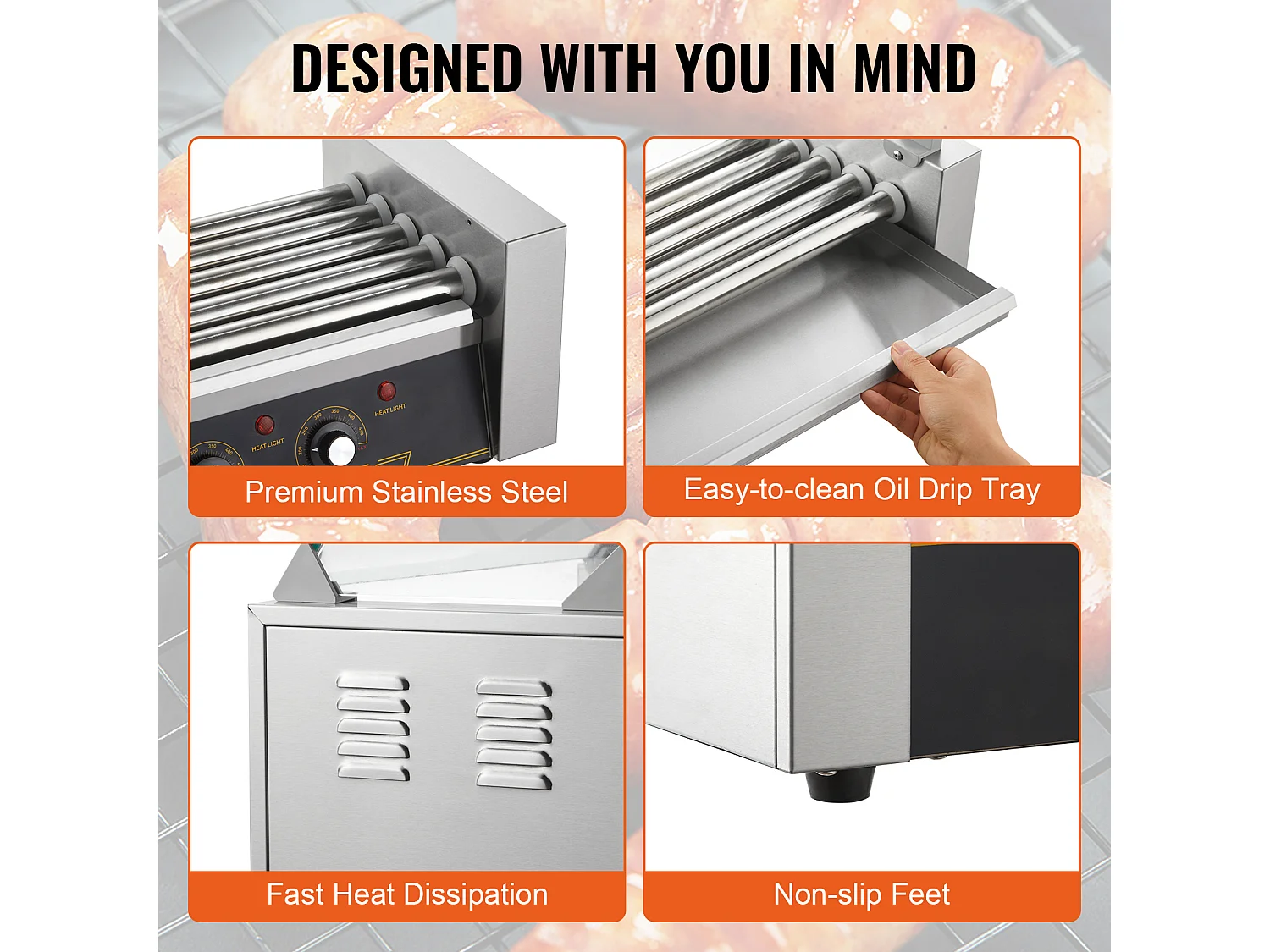 Griglia a Rulli SucceBuy Elettrica a 12 Rulli per Hot Dog Schienale e Scaffale a 5 Rulli 1000 W Acciaio Inossidabile