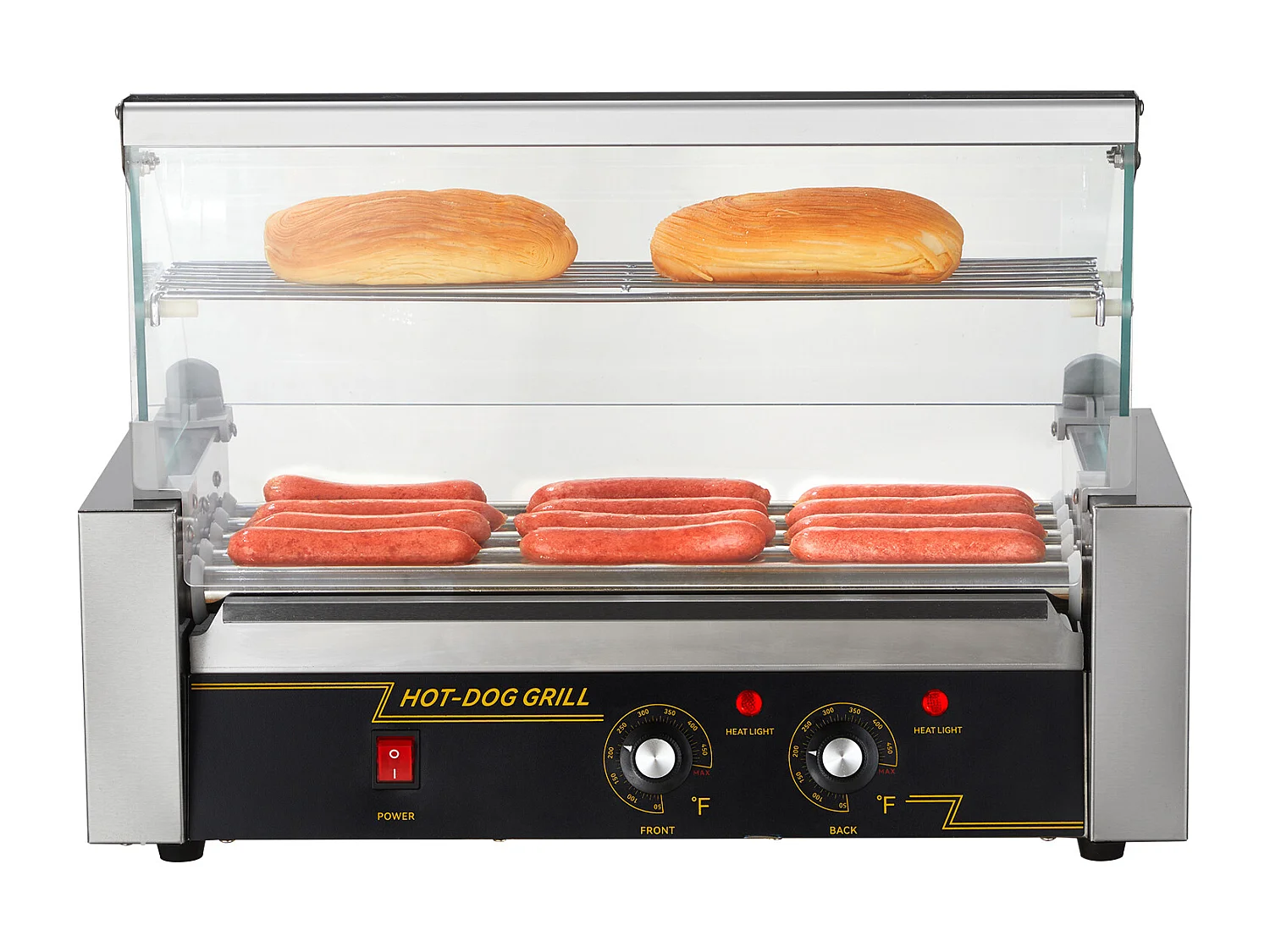 Griglia a Rulli SucceBuy Elettrica a 12 Rulli per Hot Dog Schienale e Scaffale a 5 Rulli 1000 W Acciaio Inossidabile