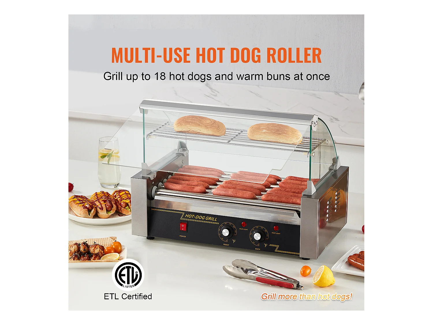 Grill à Rouleaux SucceBuy pour Hot-Dogs Électrique 45.72cm avec Dosseret à 7 Rouleaux 1,4 kW
