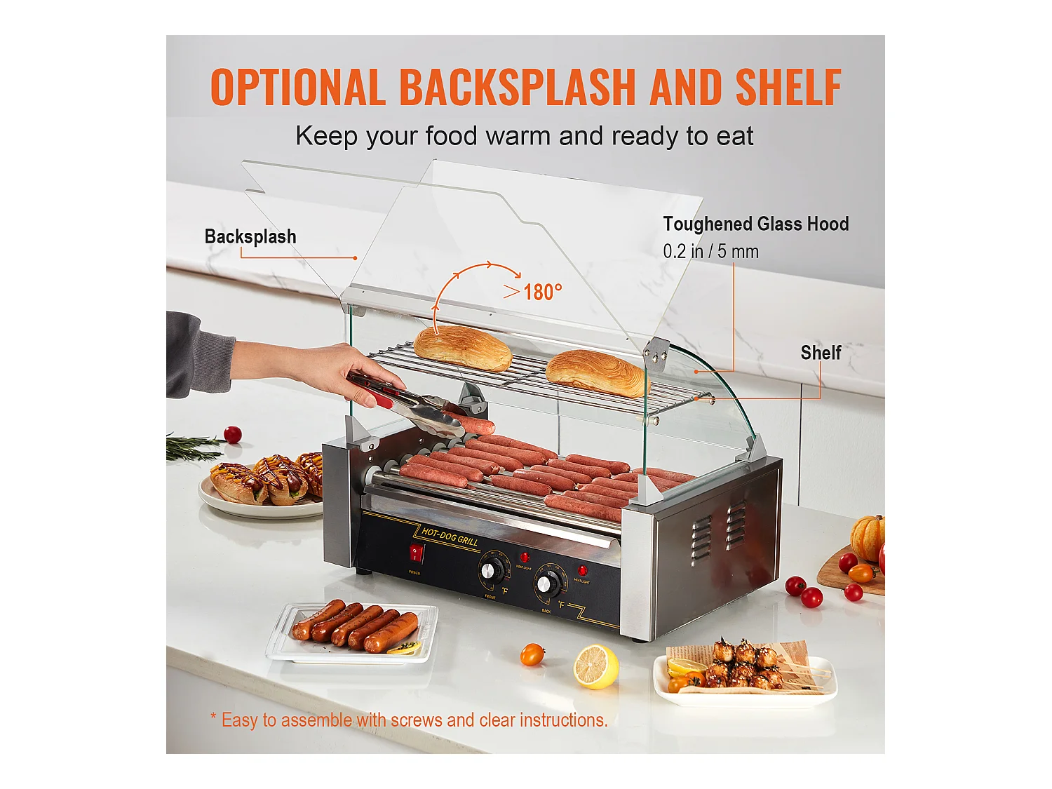 Grill à Rouleaux SucceBuy pour Hot-Dogs Électrique 45.72cm avec Dosseret à 7 Rouleaux 1,4 kW