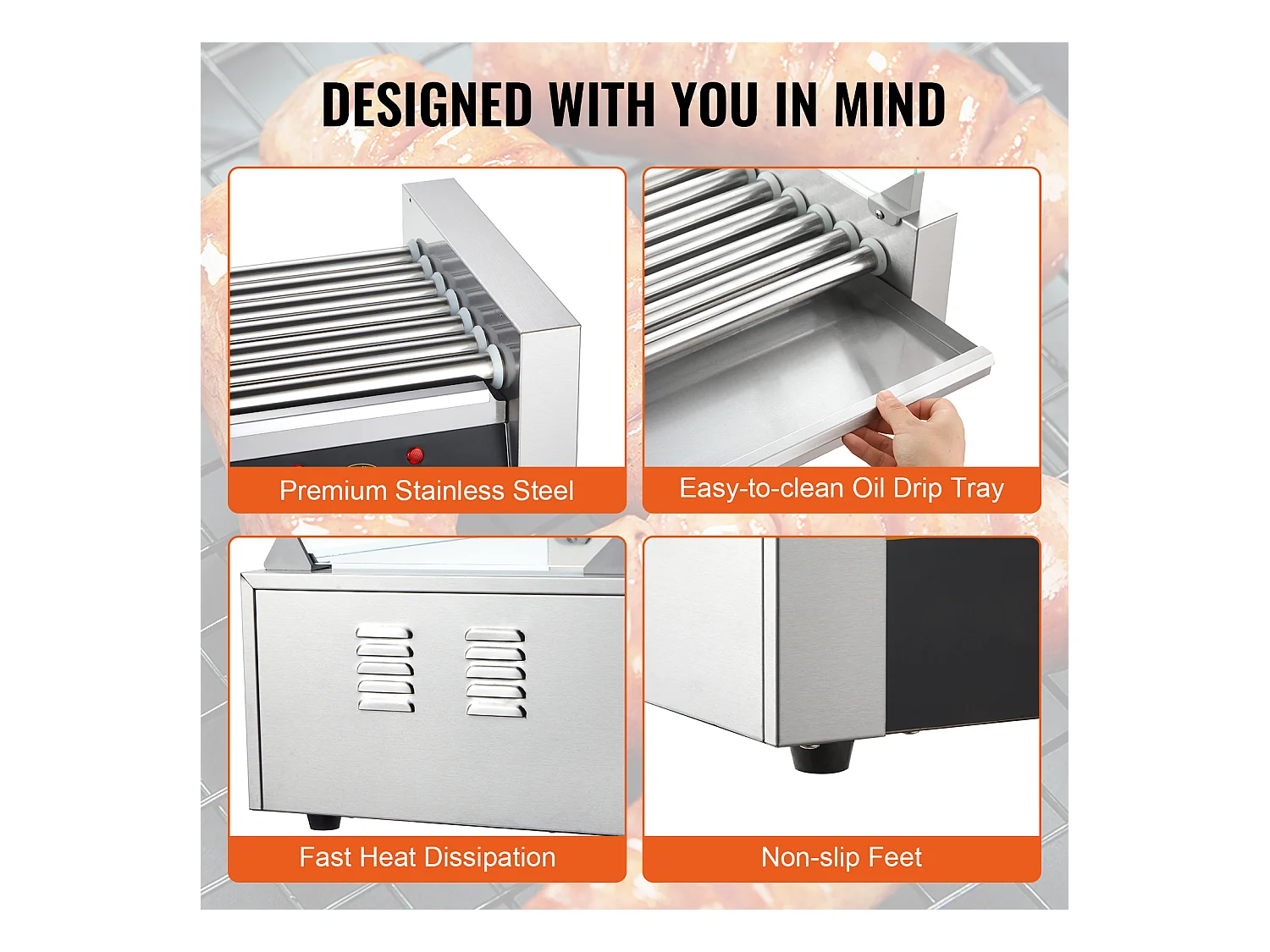 Grill à Rouleaux SucceBuy pour Hot-Dogs Électrique 45.72cm avec Dosseret à 7 Rouleaux 1,4 kW