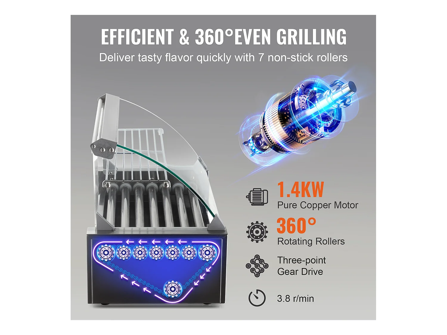 Grill à Rouleaux SucceBuy pour Hot-Dogs Électrique 45.72cm avec Dosseret à 7 Rouleaux 1,4 kW