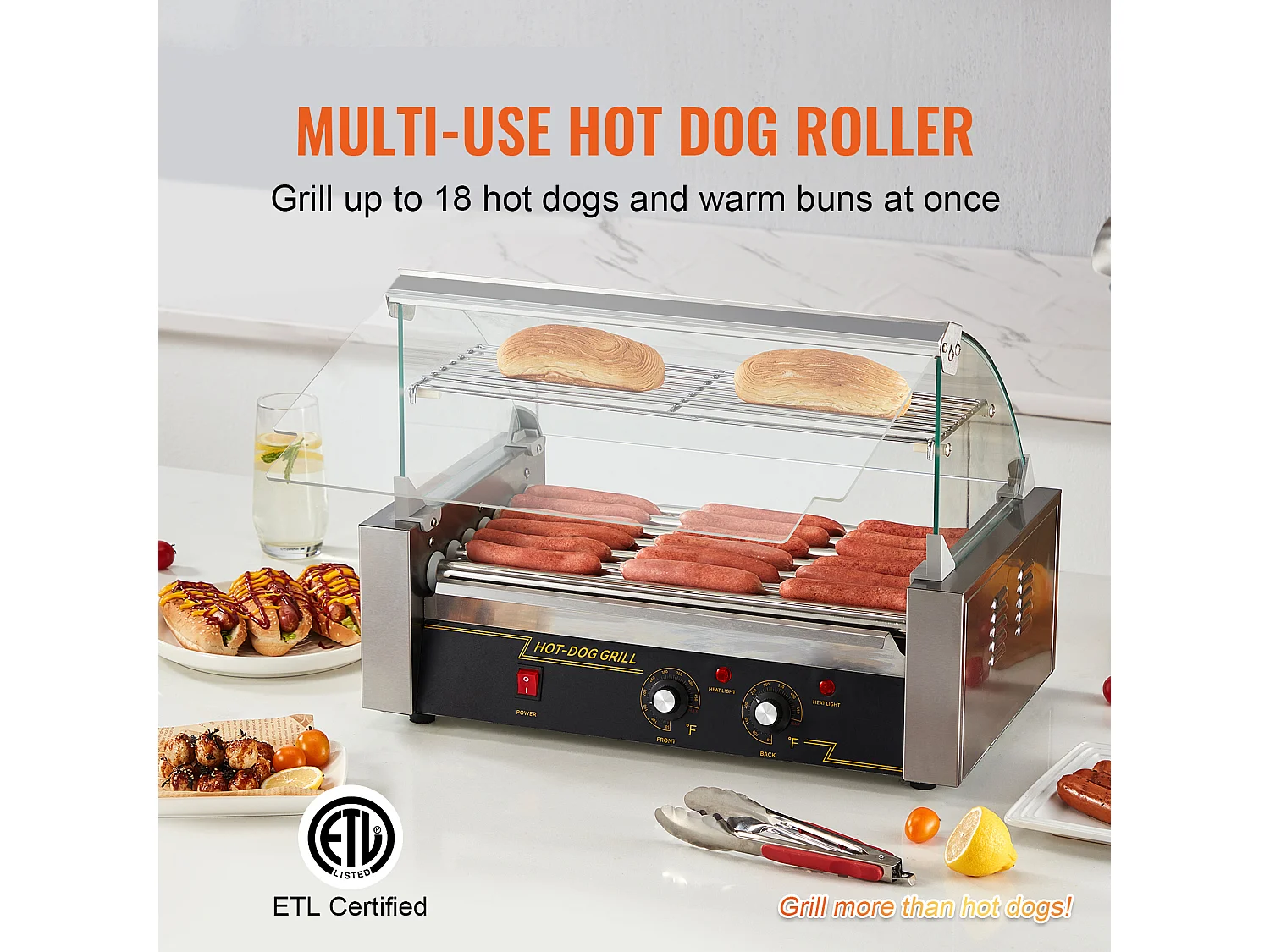 Grill à Rouleaux SucceBuy pour Hot-Dogs Électrique 45.72cm avec Dosseret à 7 Rouleaux 1,4 kW