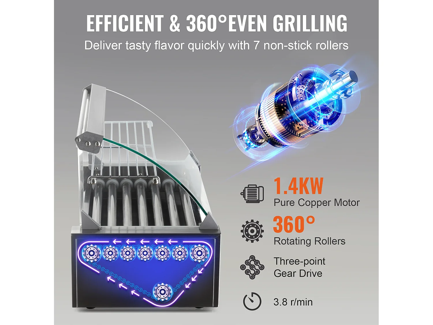 Grill à Rouleaux SucceBuy pour Hot-Dogs Électrique 45.72cm avec Dosseret à 7 Rouleaux 1,4 kW