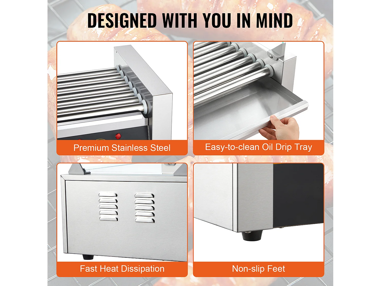 Grill à Rouleaux SucceBuy pour Hot-Dogs Électrique 45.72cm avec Dosseret à 7 Rouleaux 1,4 kW