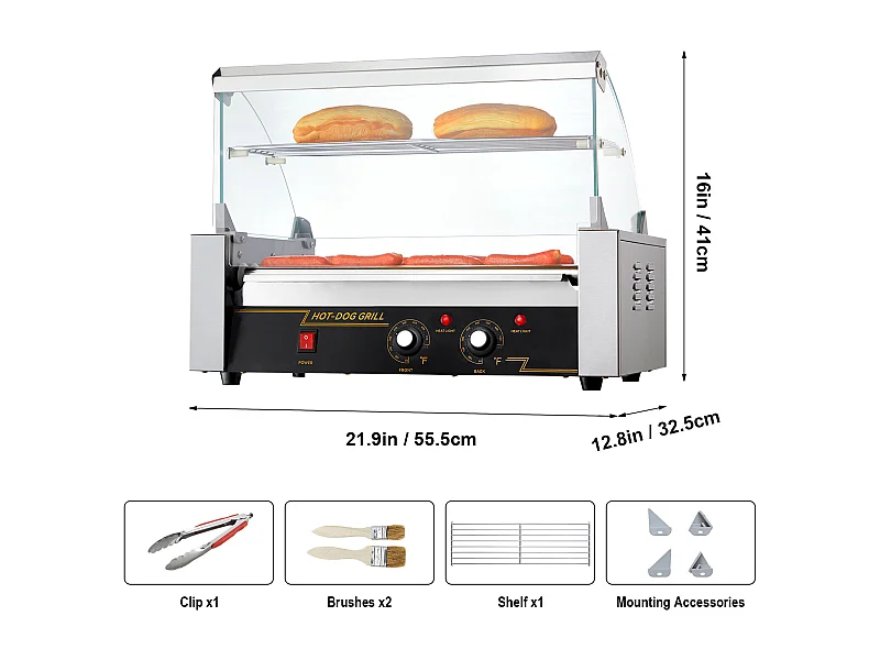 Grill a Ruote SucceBuy per Hot-Dogs Elettrico 45.72cm con Ripiano a 7 Ruote 1,4 kW