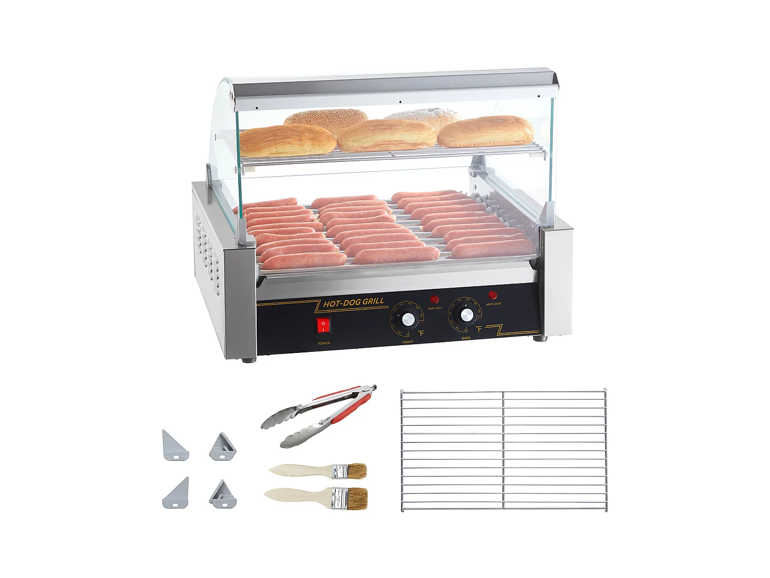 Grill à Rouleaux SucceBuy Électrique avec Dosseret à 11 Rouleaux, 2,2 kW, pour Hot-Dogs, Saucisses, Boulettes de Viande, Acier Inoxydable