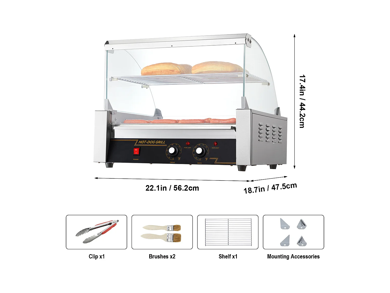 Grill à Rouleaux SucceBuy Électrique avec Dosseret à 11 Rouleaux, 2,2 kW, pour Hot-Dogs, Saucisses, Boulettes de Viande, Acier Inoxydable