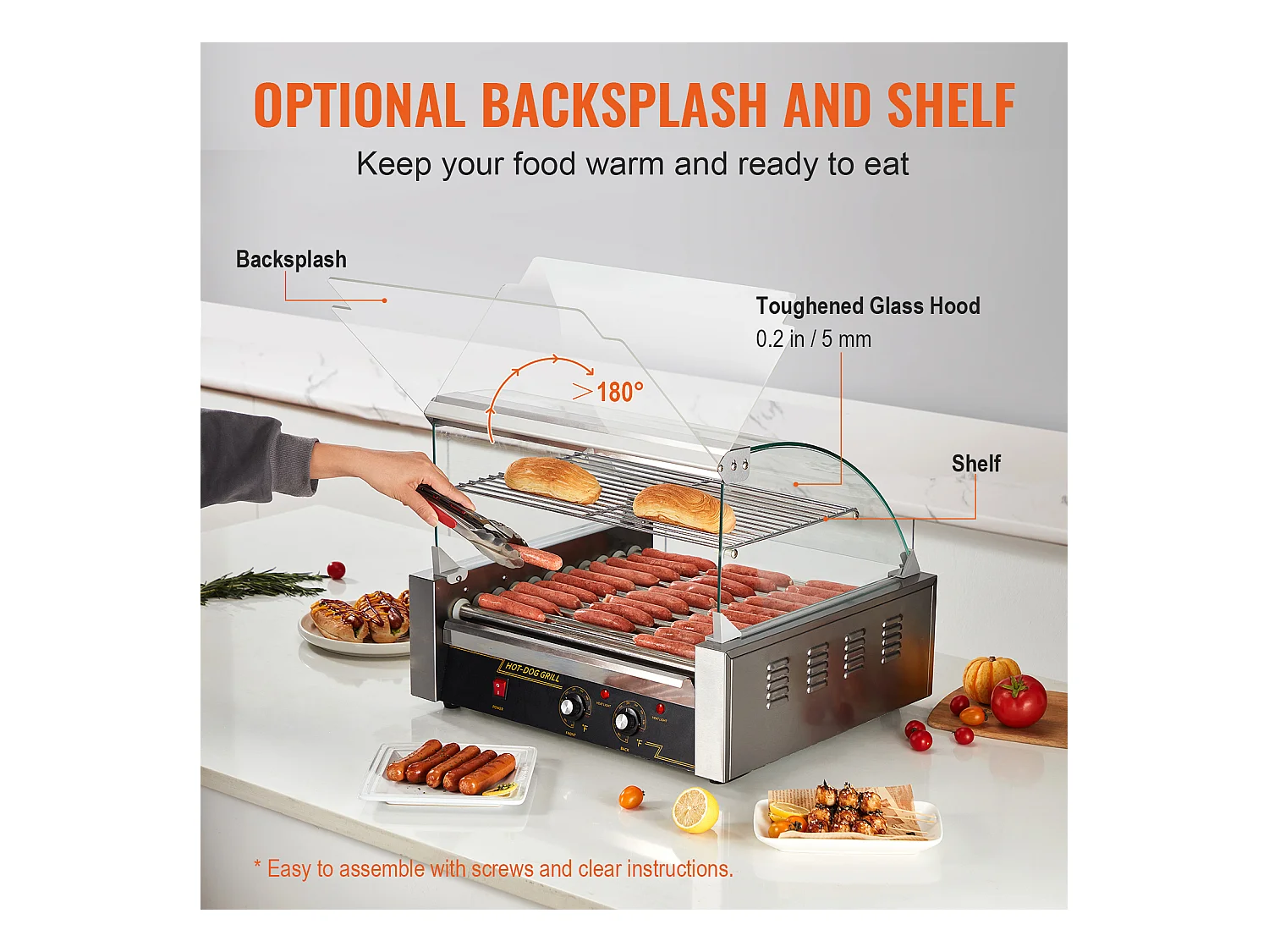 Grill à Rouleaux SucceBuy Électrique avec Dosseret à 11 Rouleaux, 2,2 kW, pour Hot-Dogs, Saucisses, Boulettes de Viande, Acier Inoxydable