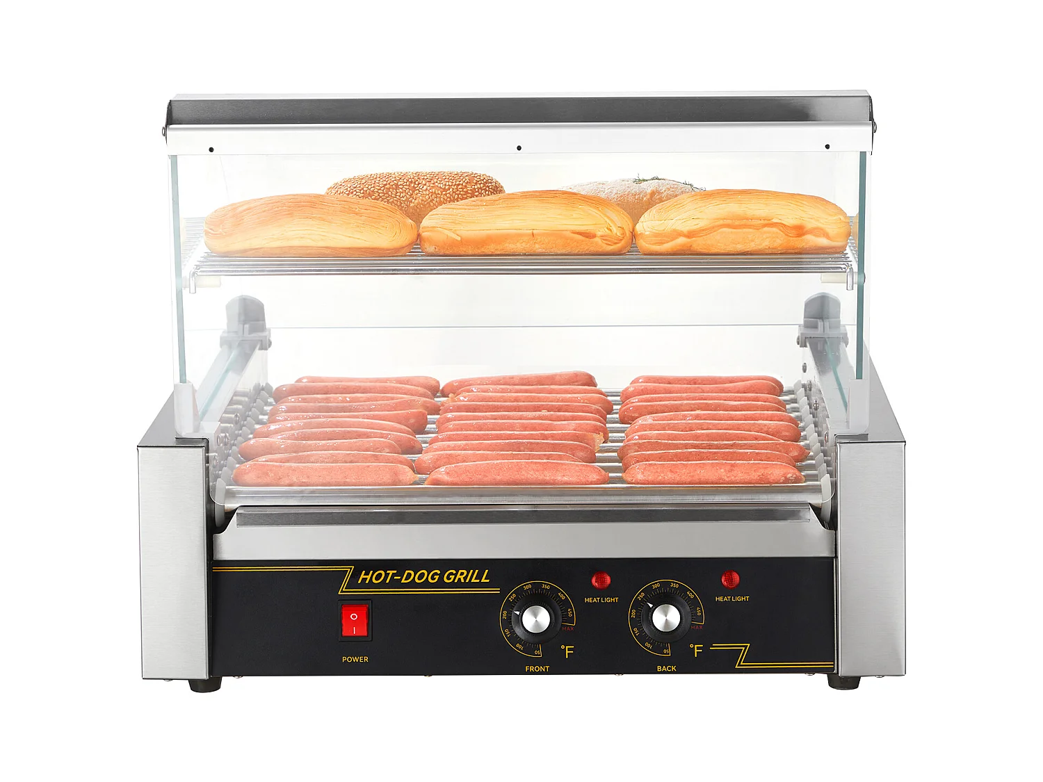 Grill à Rouleaux SucceBuy Électrique avec Dosseret à 11 Rouleaux, 2,2 kW, pour Hot-Dogs, Saucisses, Boulettes de Viande, Acier Inoxydable