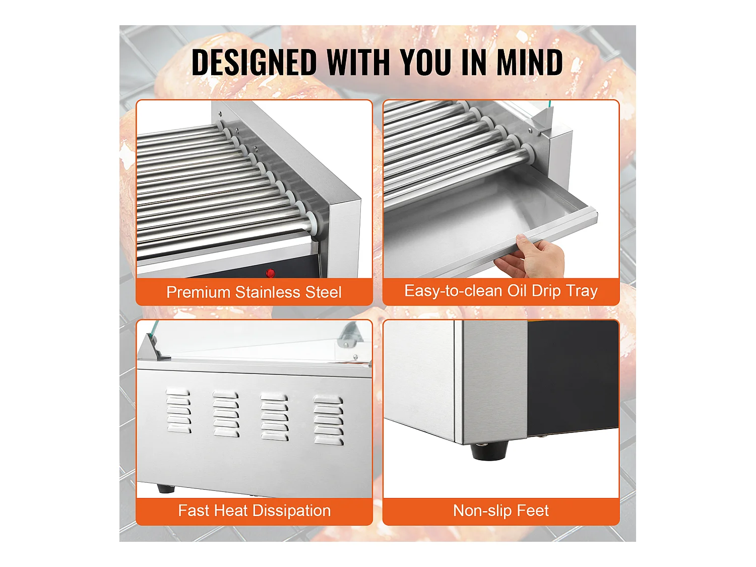 Grill à Rouleaux SucceBuy Électrique avec Dosseret à 11 Rouleaux, 2,2 kW, pour Hot-Dogs, Saucisses, Boulettes de Viande, Acier Inoxydable