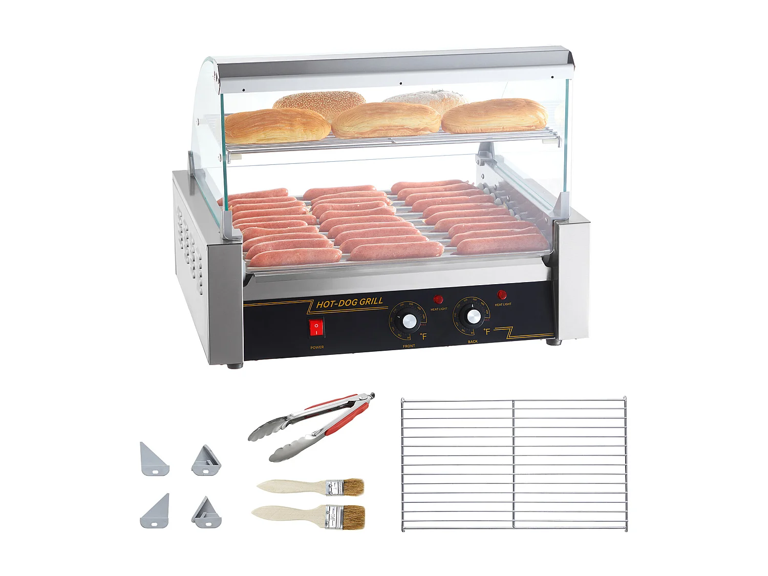 Elektrische Rollengrill SucceBuy met 11 Rollen Achterwand, 2,2 kW, voor Hot Dogs, Worsten, Gehaktballen, Rvs