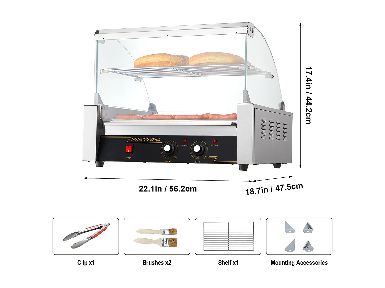 Elektrische Rollengrill SucceBuy met 11 Rollen Achterwand, 2,2 kW, voor Hot Dogs, Worsten, Gehaktballen, Rvs