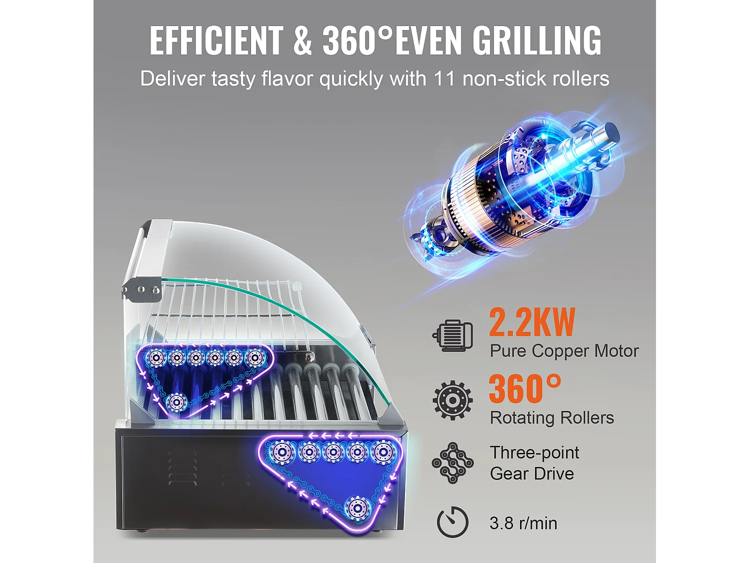 Elektrische Rollengrill SucceBuy met 11 Rollen Achterwand, 2,2 kW, voor Hot Dogs, Worsten, Gehaktballen, Rvs