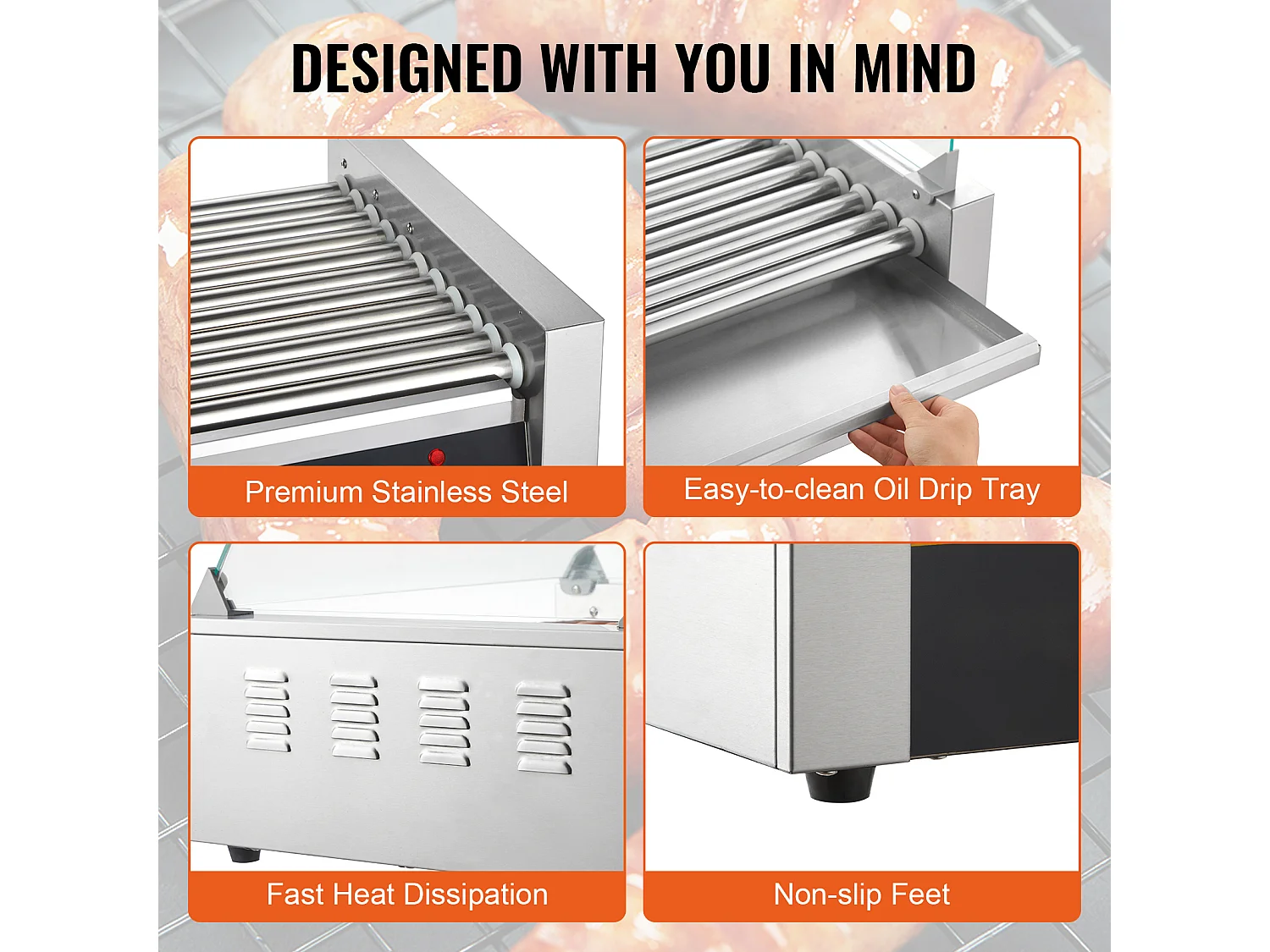 Elektrische Rollengrill SucceBuy met 11 Rollen Achterwand, 2,2 kW, voor Hot Dogs, Worsten, Gehaktballen, Rvs