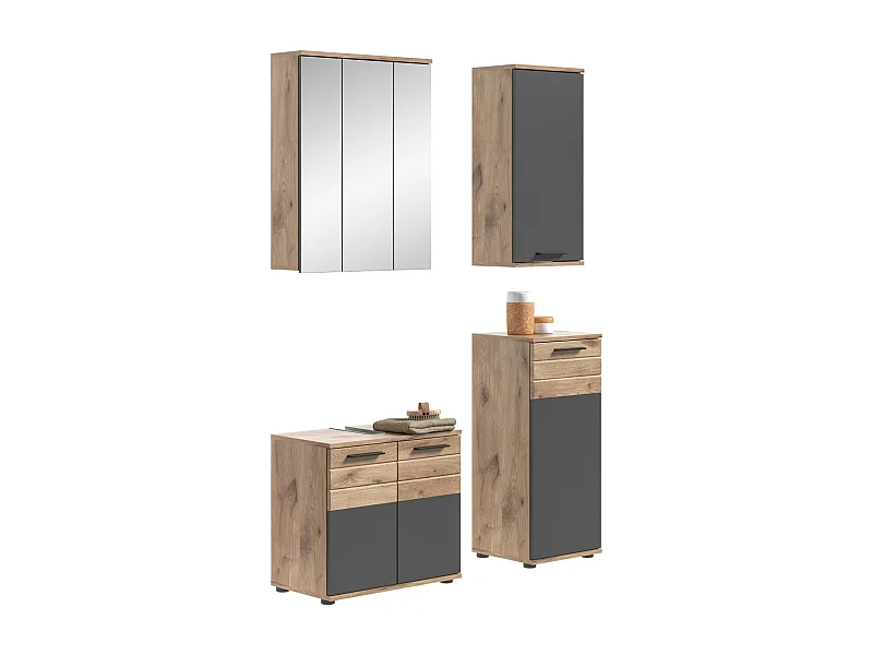 Conjunto para baño: mueble bajo lavabo + 2 medias columnas + armario de almacenamiento con espejos – Gris antracita y roble