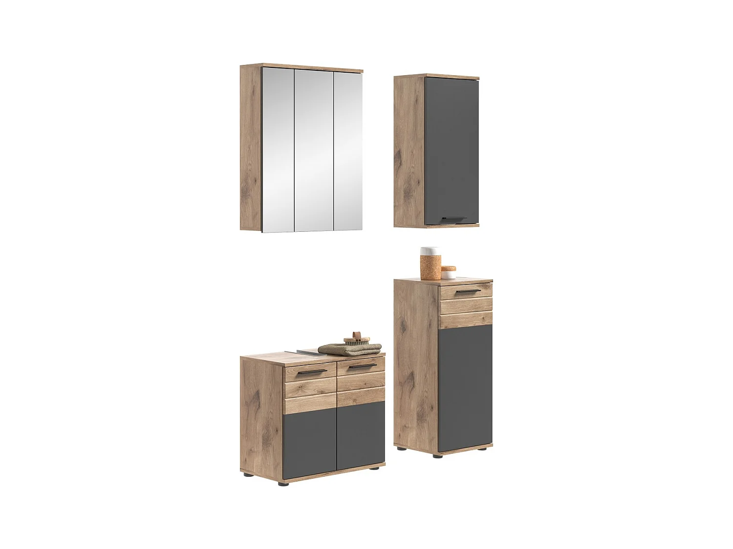 Conjunto para baño: mueble bajo lavabo + 2 medias columnas + armario de almacenamiento con espejos – Gris antracita y roble