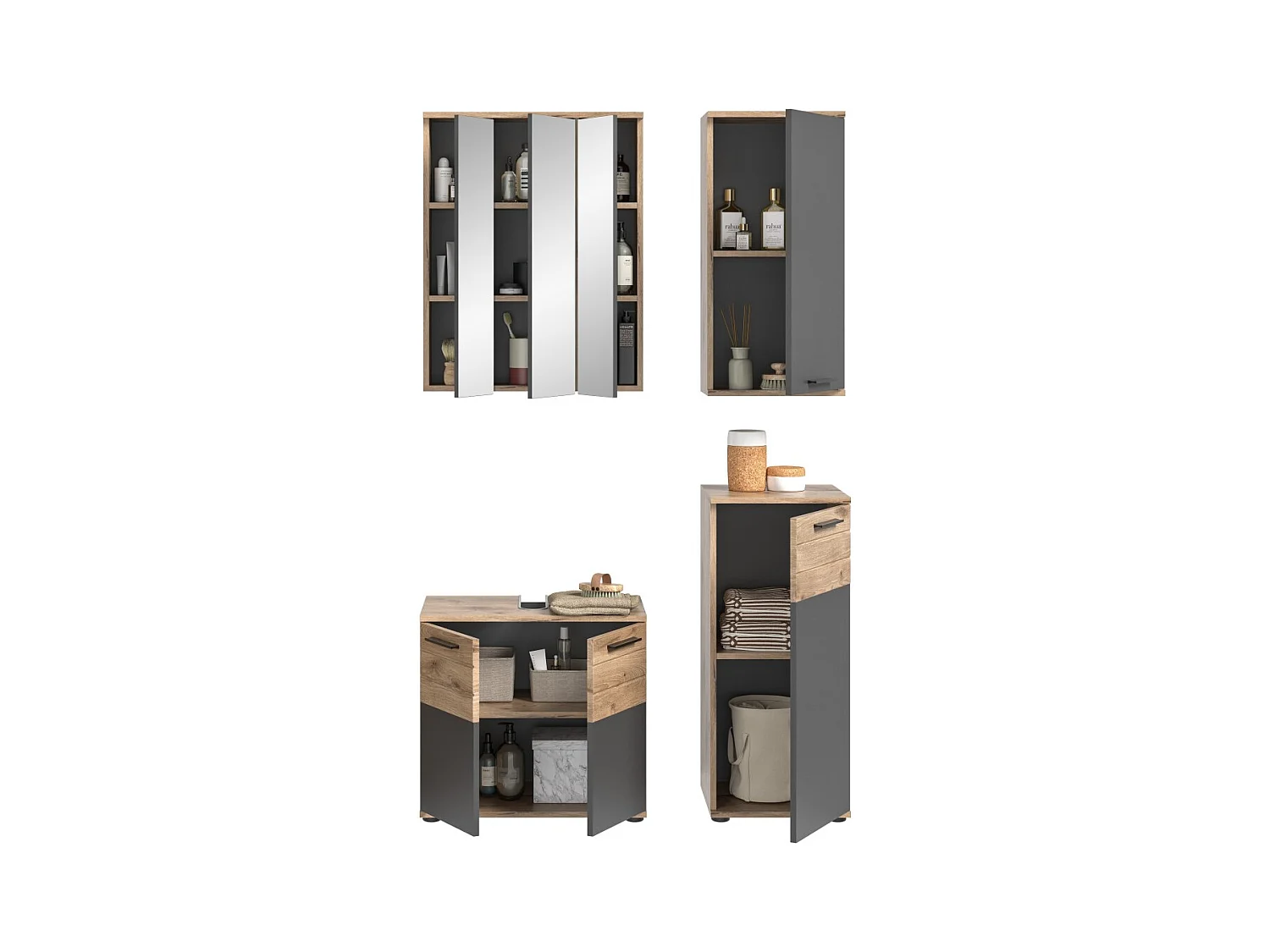 Conjunto para baño: mueble bajo lavabo + 2 medias columnas + armario de almacenamiento con espejos – Gris antracita y roble