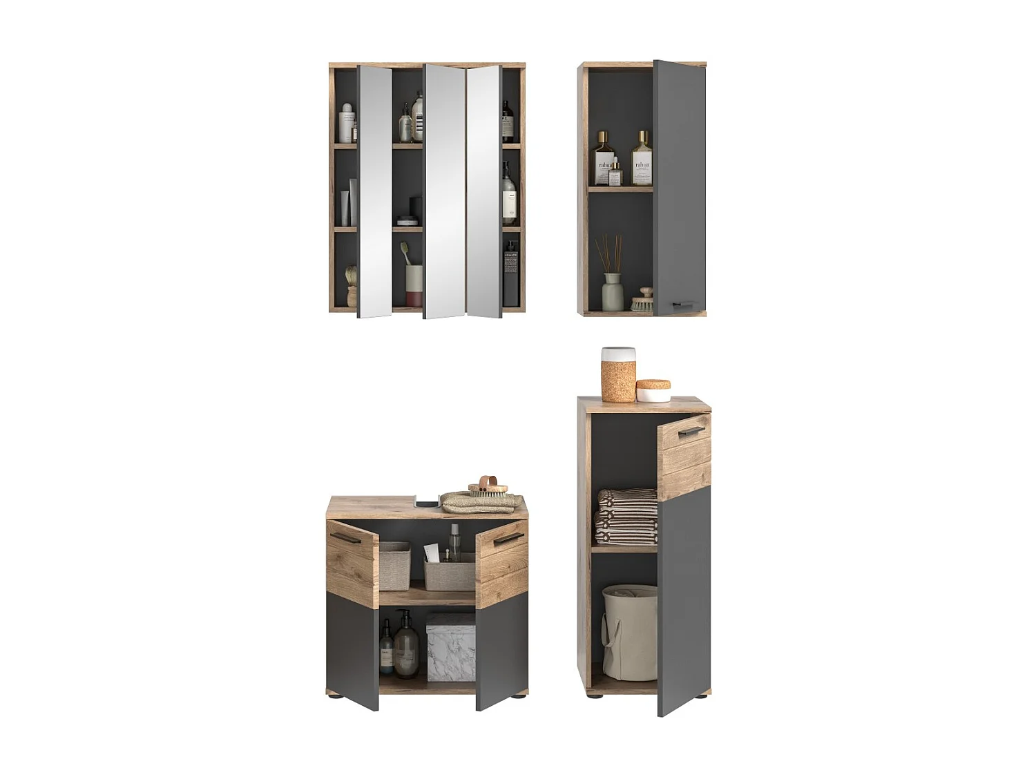 Conjunto de banheiro: móvel sob a pia + 2 meias colunas + armário de armazenamento com espelhos – Cinza antracite e carvalho