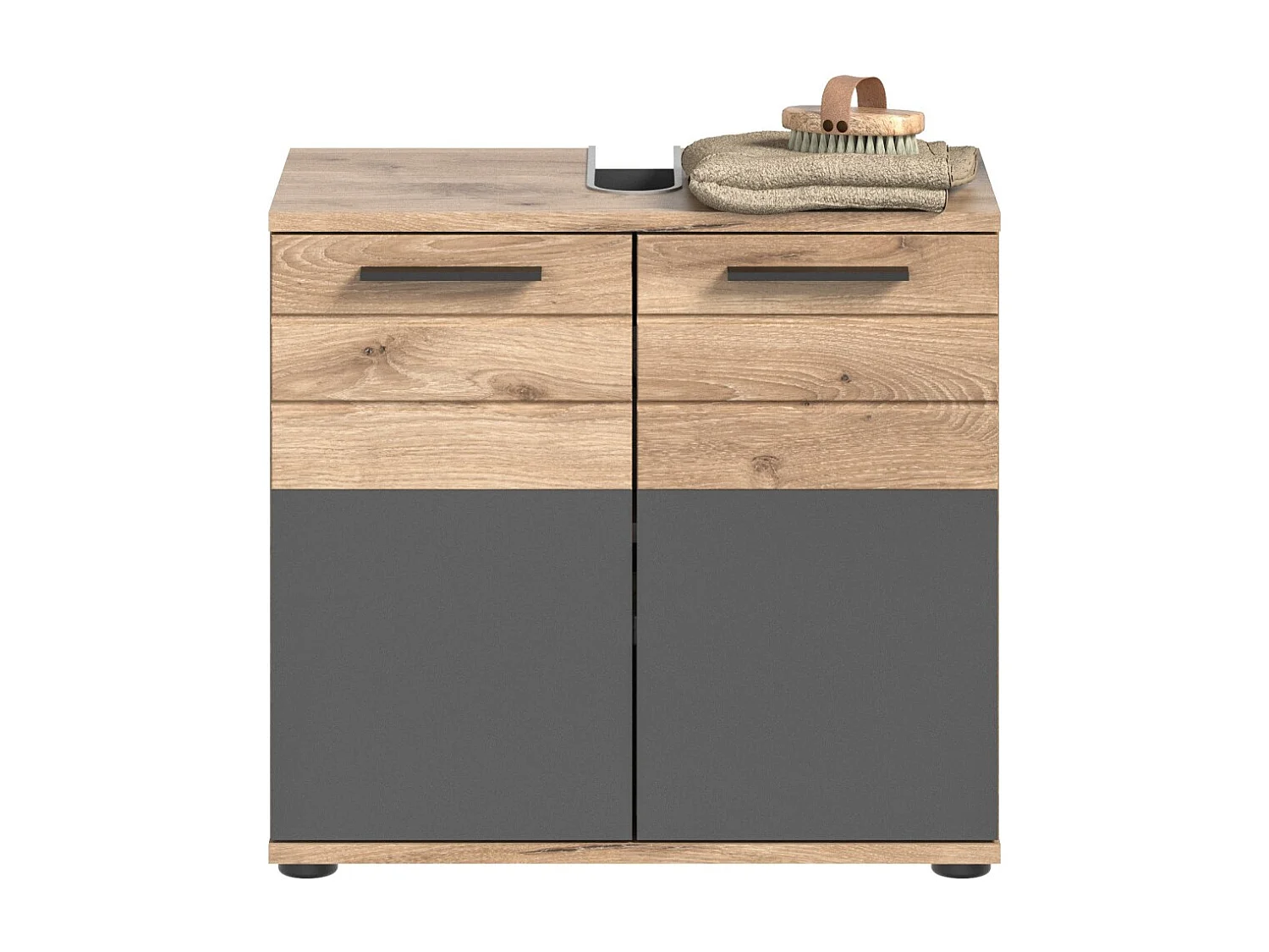 Conjunto de banheiro: móvel sob a pia + 2 meias colunas + armário de armazenamento com espelhos – Cinza antracite e carvalho