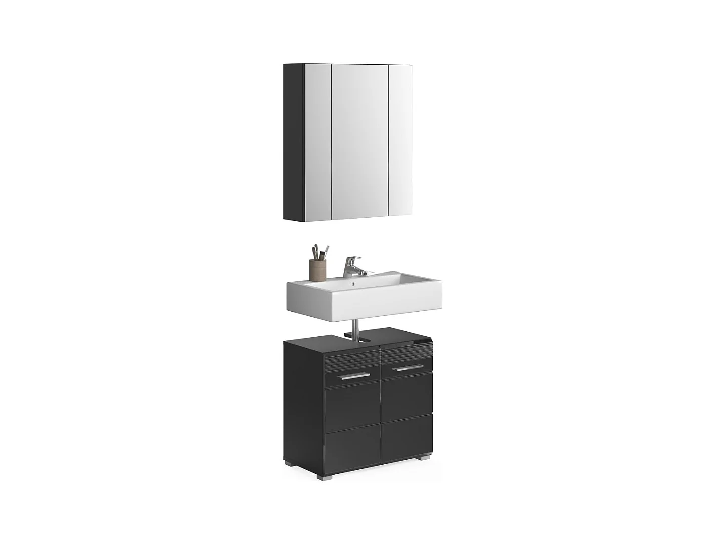Conjunto de muebles para baño: mueble bajo lavabo + armario de almacenamiento con espejo – Negro lacado – KLEANKIN