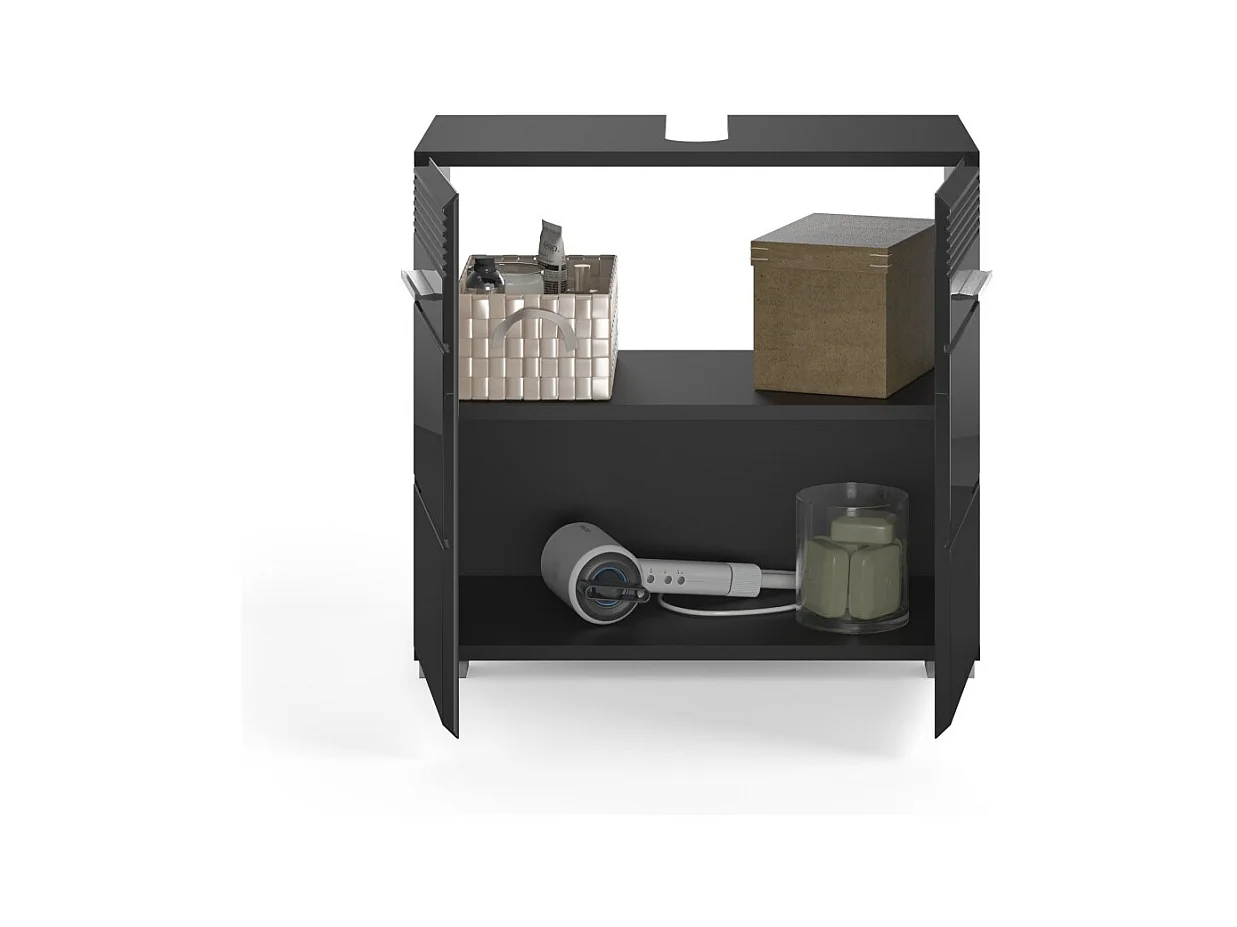 Conjunto de muebles para baño: mueble bajo lavabo + armario de almacenamiento con espejo – Negro lacado – KLEANKIN