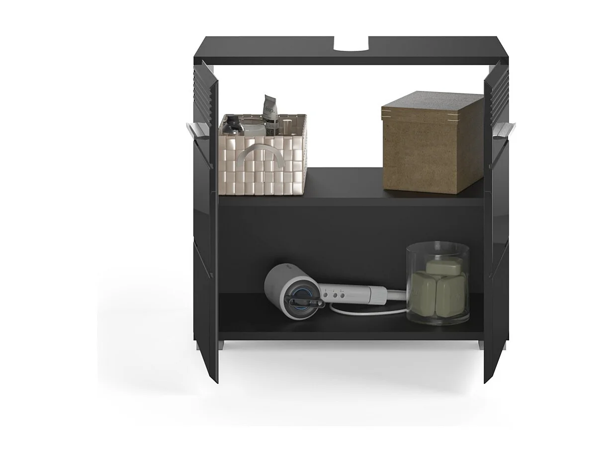 Conjunto de móveis para banheiro: móvel sob a pia + armário de armazenamento com espelho – Preto laqueado – KLEANKIN