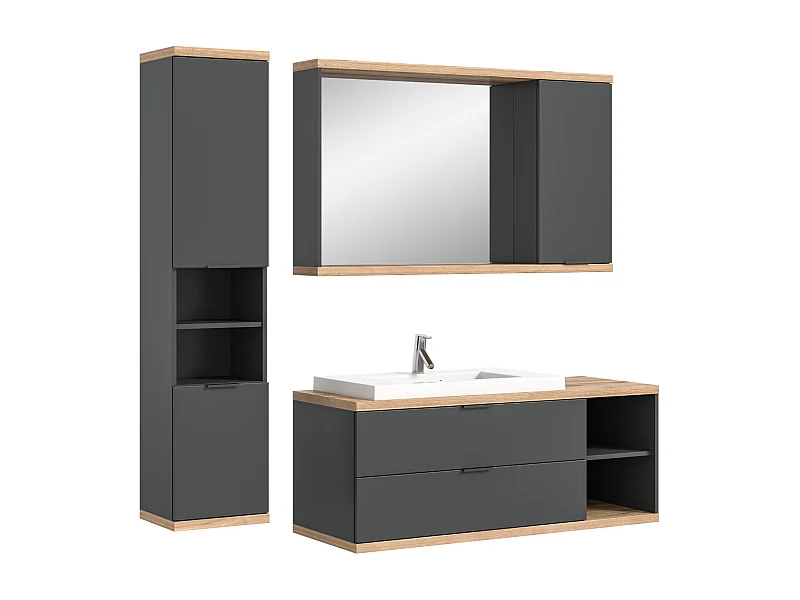 Conjunto para banheiro NOYA cinza – gabinete sob a pia, espelho com armazenamento e coluna suspensa