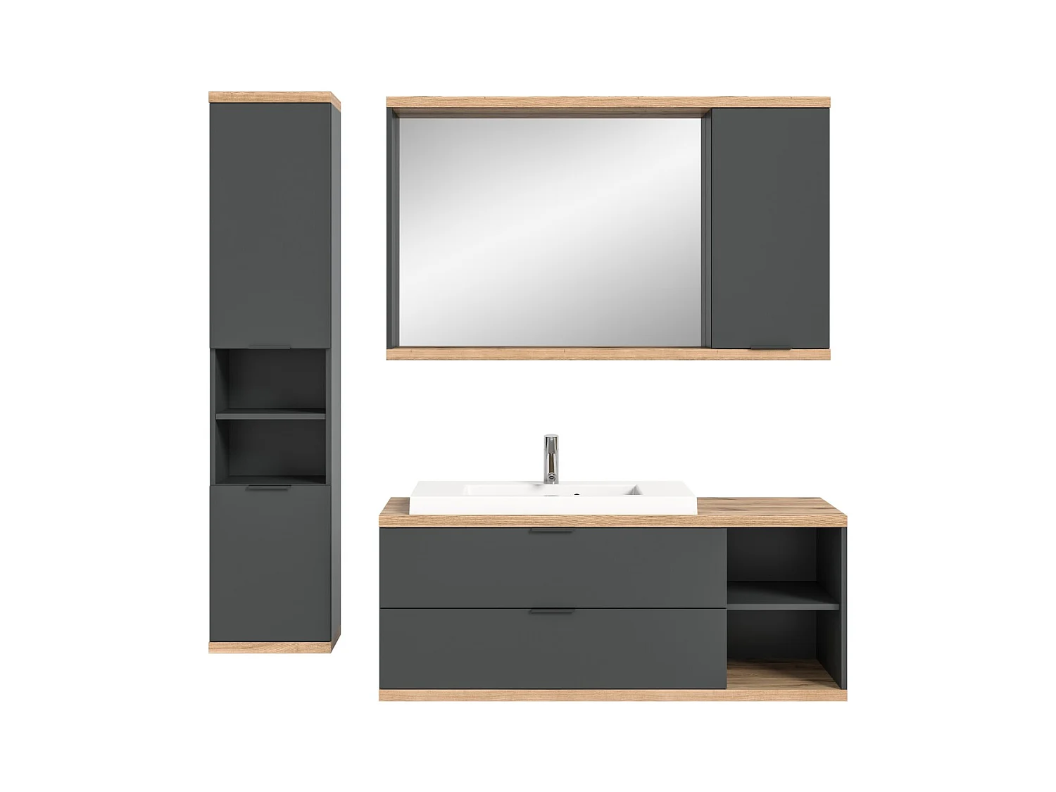 Conjunto de baño NOYA gris - mueble bajo lavabo, espejo con almacenamiento y columna suspendida