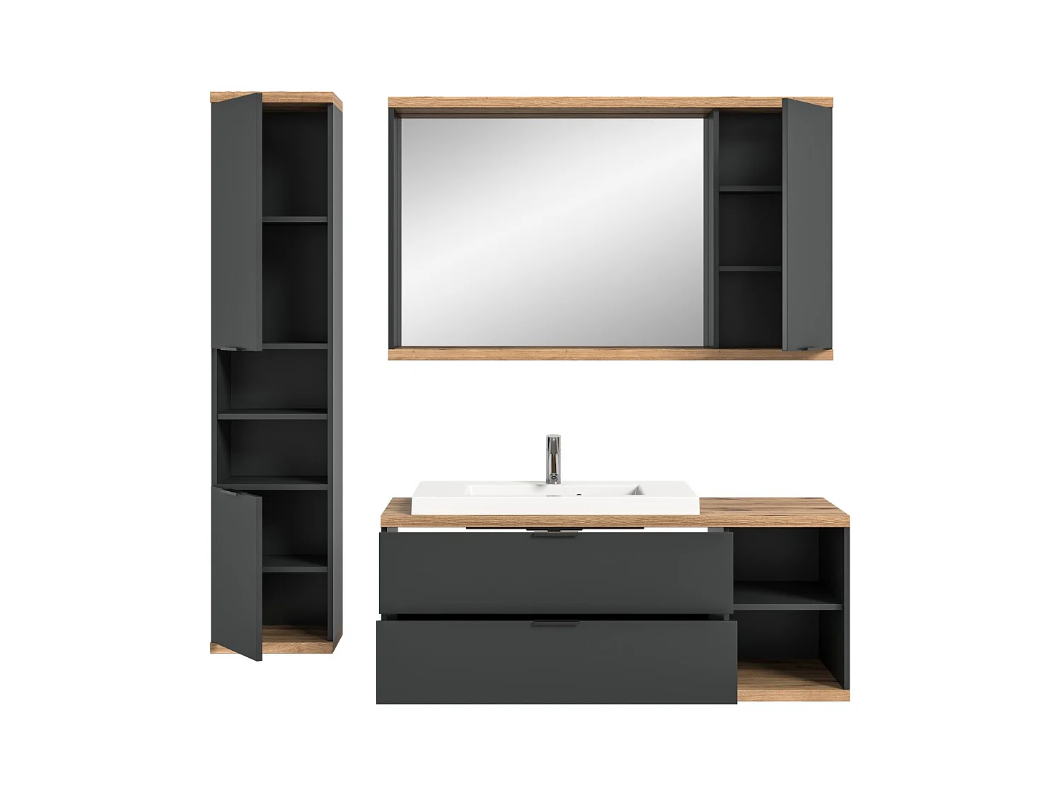 Conjunto de baño NOYA gris - mueble bajo lavabo, espejo con almacenamiento y columna suspendida