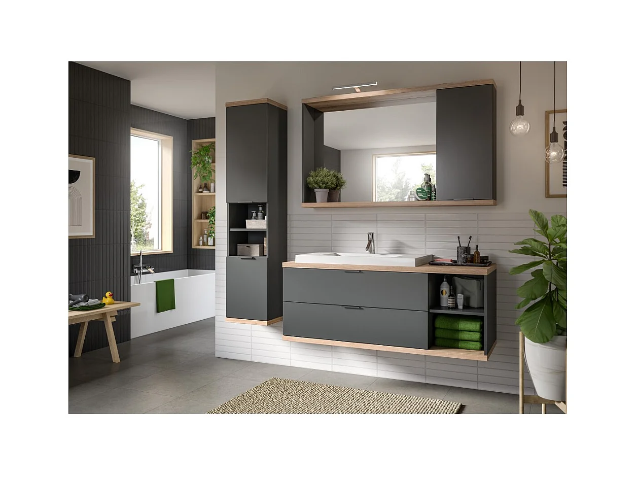 Conjunto de baño NOYA gris - mueble bajo lavabo, espejo con almacenamiento y columna suspendida