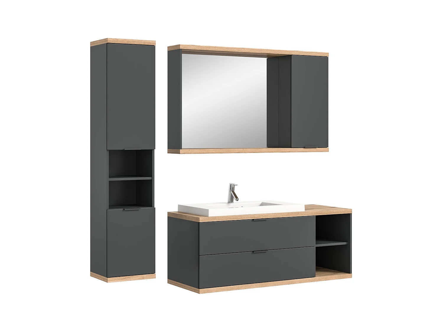 Ensemble salle de bain NOYA gris – meuble sous vasque, miroir avec rangement et colonne suspendue
