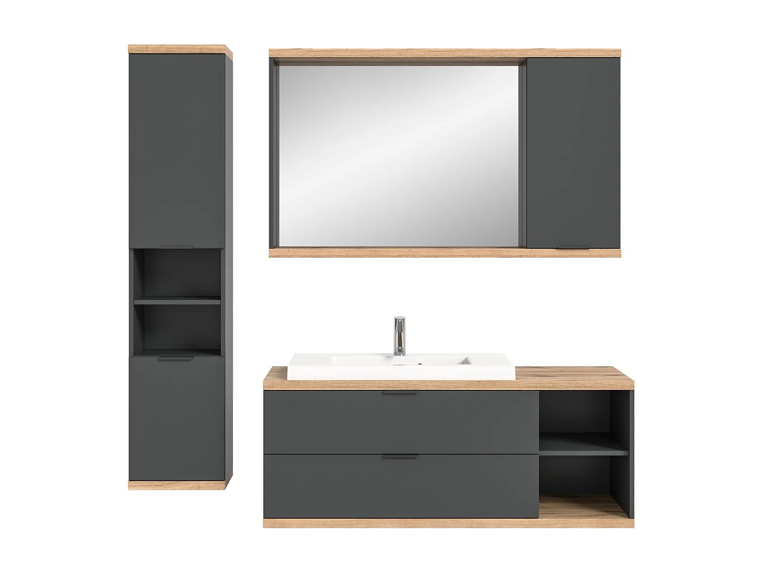Conjunto para banheiro NOYA cinza – gabinete sob a pia, espelho com armazenamento e coluna suspensa