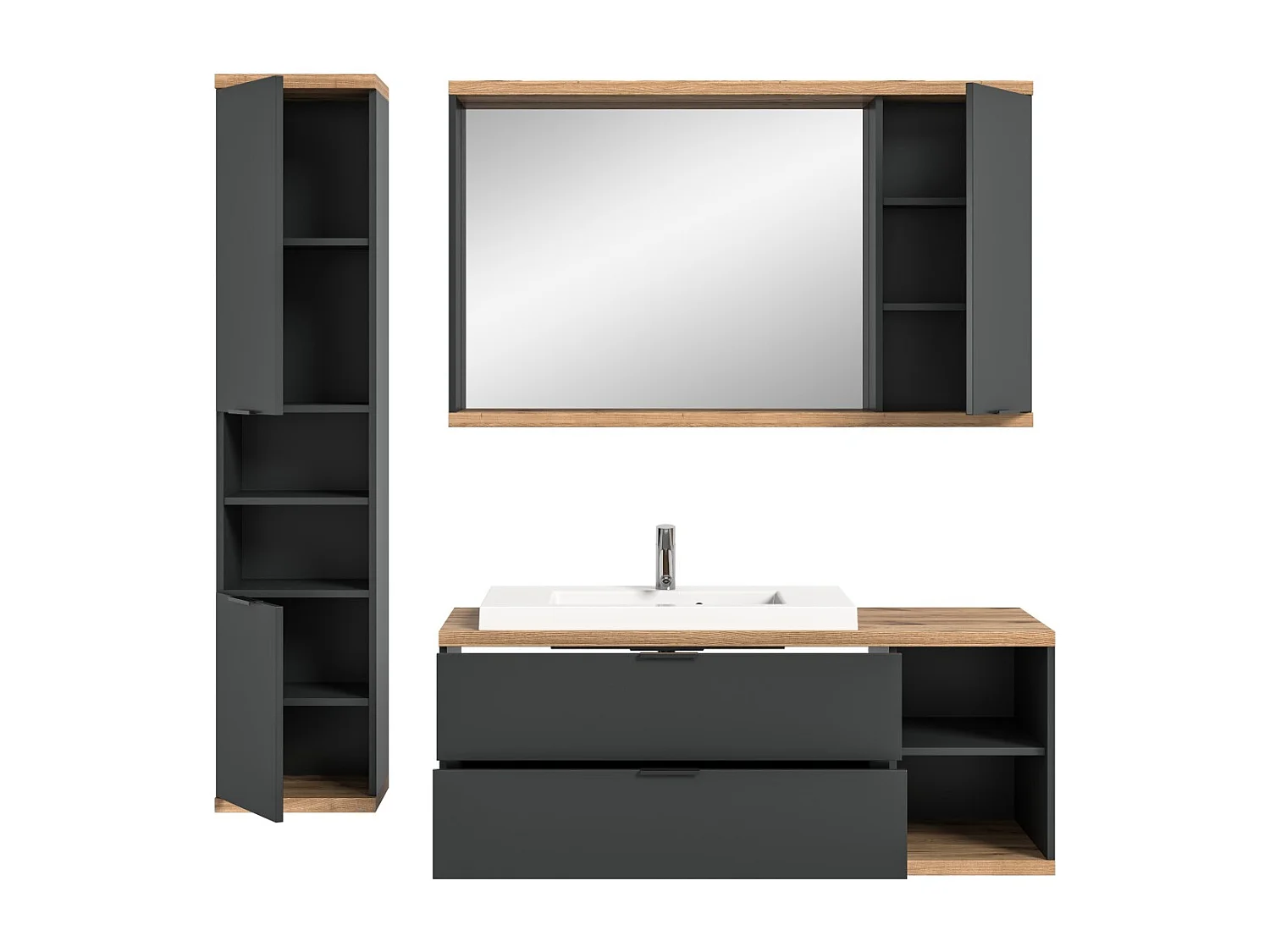 Conjunto para banheiro NOYA cinza – gabinete sob a pia, espelho com armazenamento e coluna suspensa